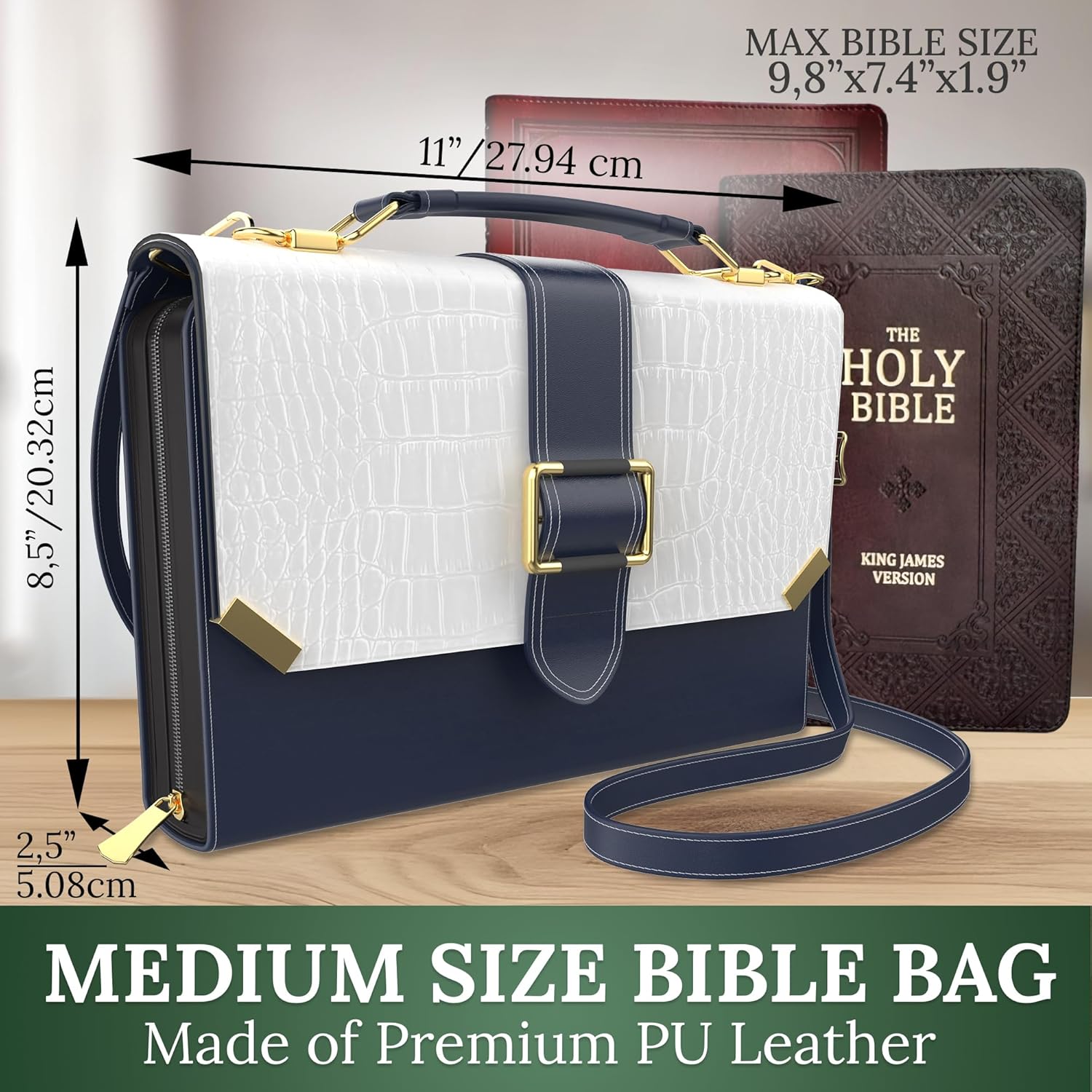 DEHITE Bible Cover Case for Women – Bible Carrying Bag for Women – Black and White Large Purse Case – Fits Book 9.8x7.4 x1.9 in – Pen Slots – Zippered Pocket – Shoulder Strap – Premium PU Leather