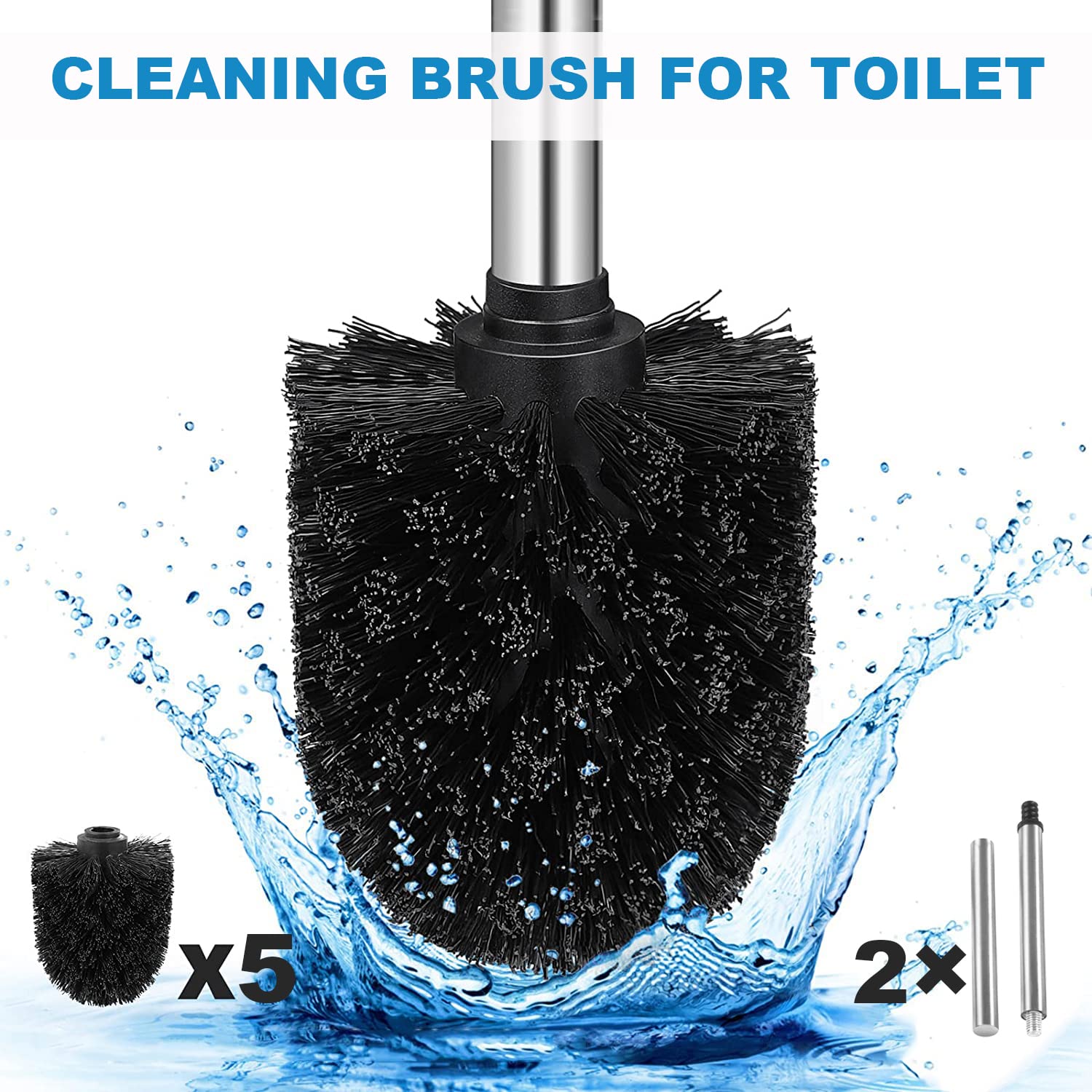 Brosse WC WAVEWO Avec Support - Inox Noir, Couvercle Anti-éclaboussures - Tête Remplaçable - Design Moderne