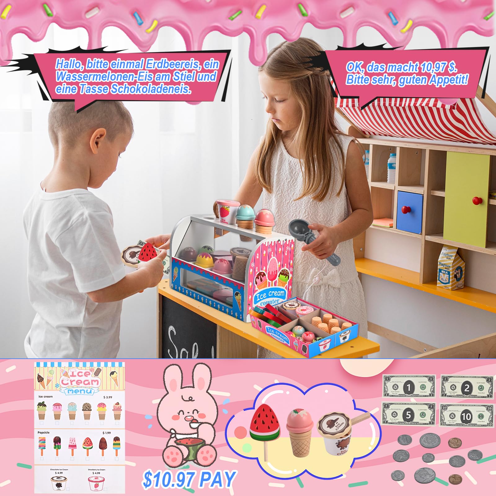 Wooderma Eisdiele Kinder Holz, Kinderküche Zubehör, Eisladen Kinder Holz, Kaufladen Rollenspiele, Holzspielzeug Spielküche Zubehör, Eiscreme Einkaufsladen, Montessori Spielzeug, Geschenk ab 3 Jahren