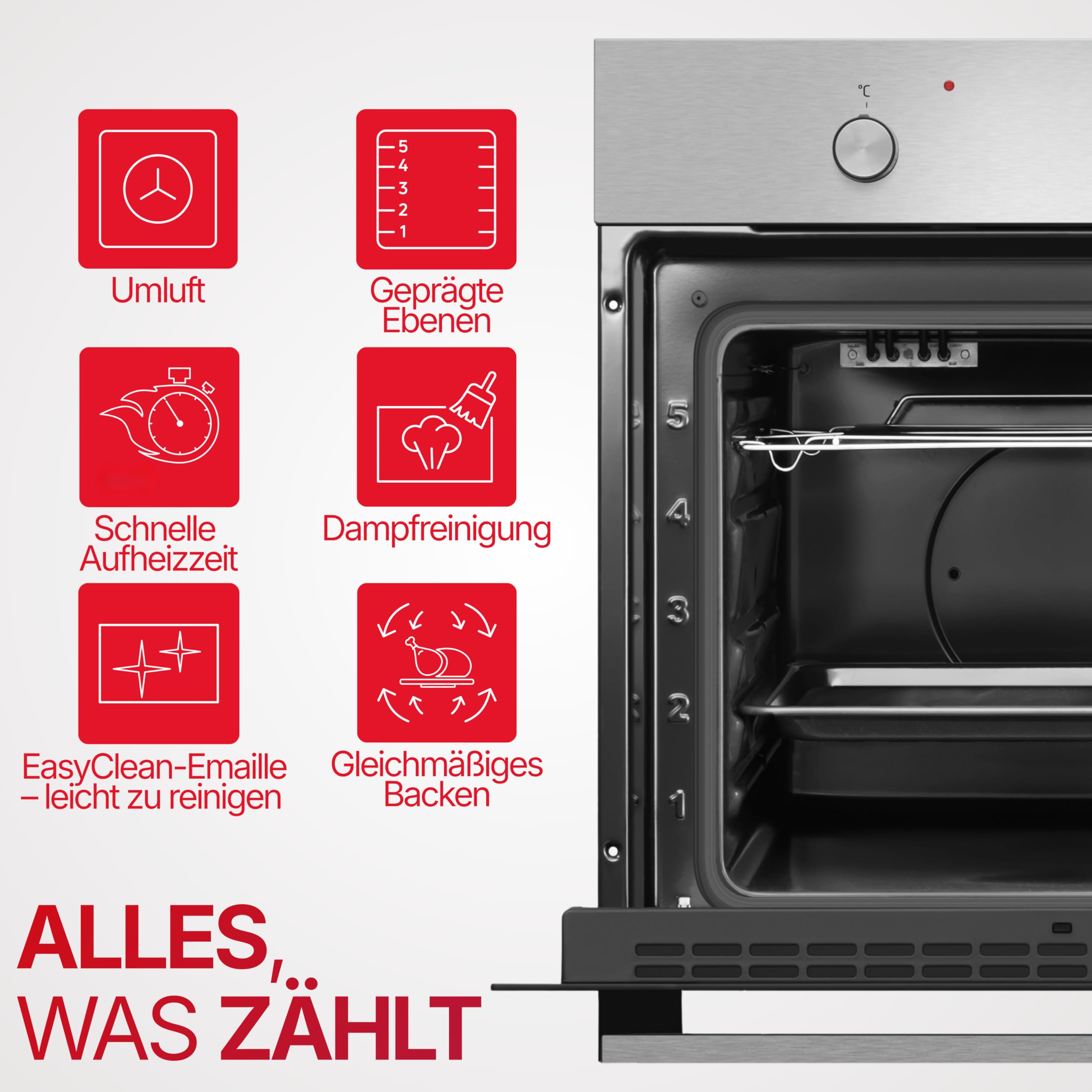 Amica Einbaubackofen 68 L 59,5x59,5x57,5 cm Steam Clean ABE 9410 E | Schnellaufheizung, 4 Backofenfunktionen, CoolDoor2, Clean Emaille, Halogenbeleuchtung, Geprägte Seitenwände