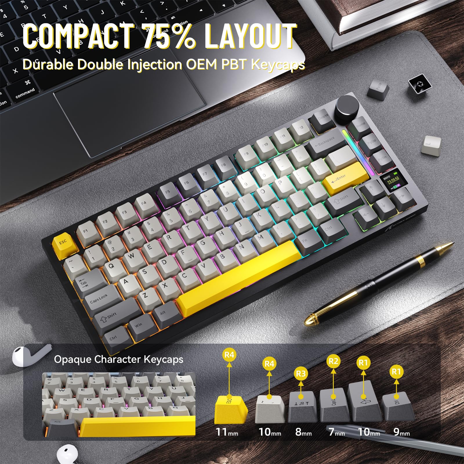 MAMBASNAKE Attack Shark X820 Ultra Tastiera Meccanica da Gioco Wireless 2.4G/BT/Usb C, QWERTY TKL 75% LIGHTSYNC RGB Chroma, TFT Schermo, Gasket Cuscino Foam Hot-swap, Cavo Spirale- Gift Switch/Grigio