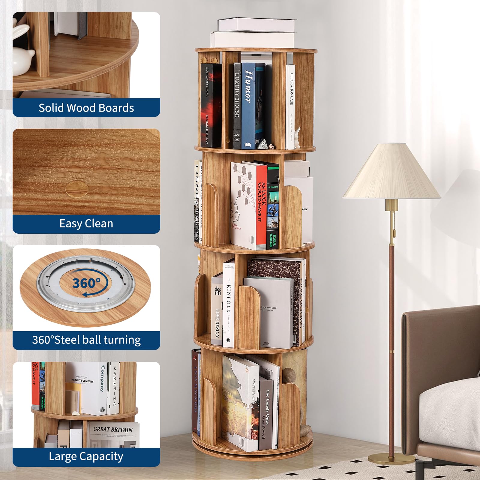 Estantería Giratoria De 4 Niveles Que Ahorra Espacio - Estantería De Madera Giratoria De 360° - Organizador De Estanterías De Esquina De Pie Para Dormitorio, Sala De Estar, Habitación Infantil, Guarde