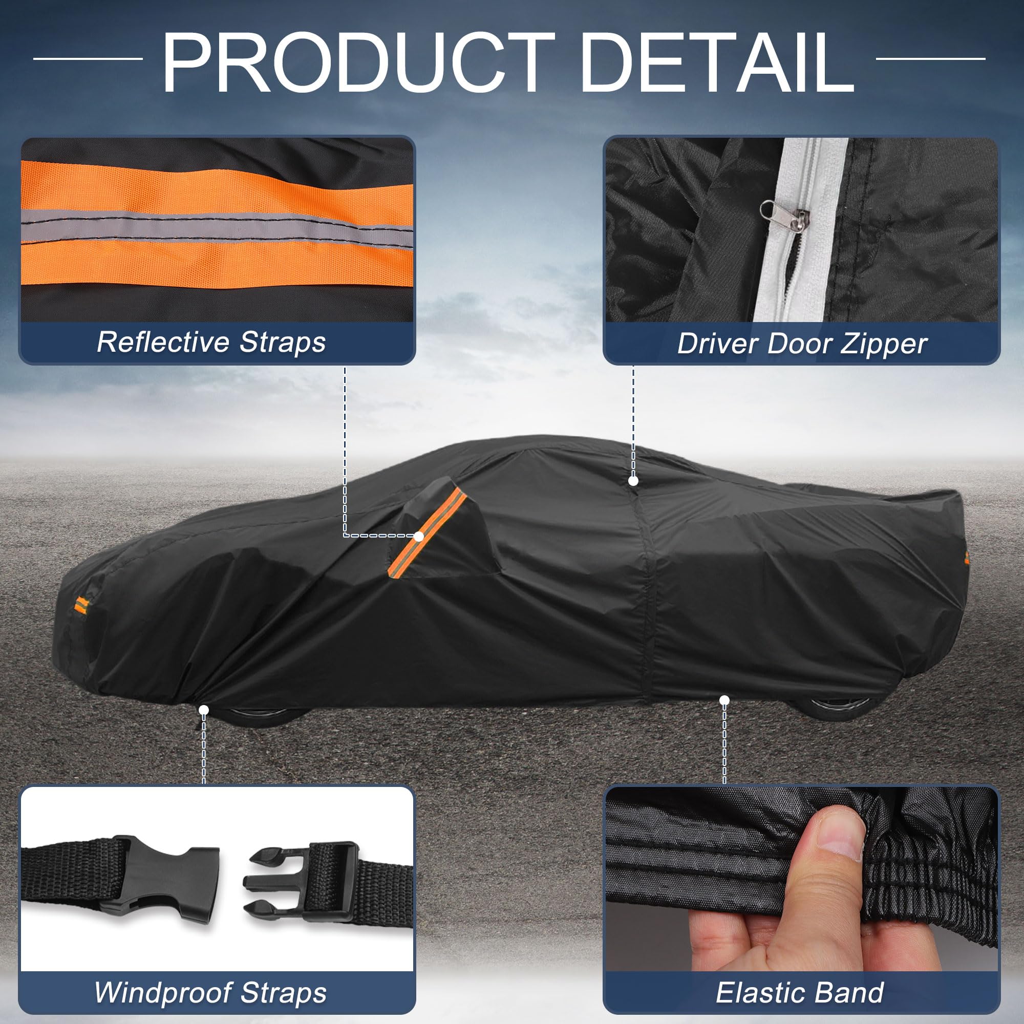 X AUTOHAUX Car Cover Outdoor Waterproof Sun Rain Snow Hail Protection with Left Side Door Zipper 210D-PU for — view 6