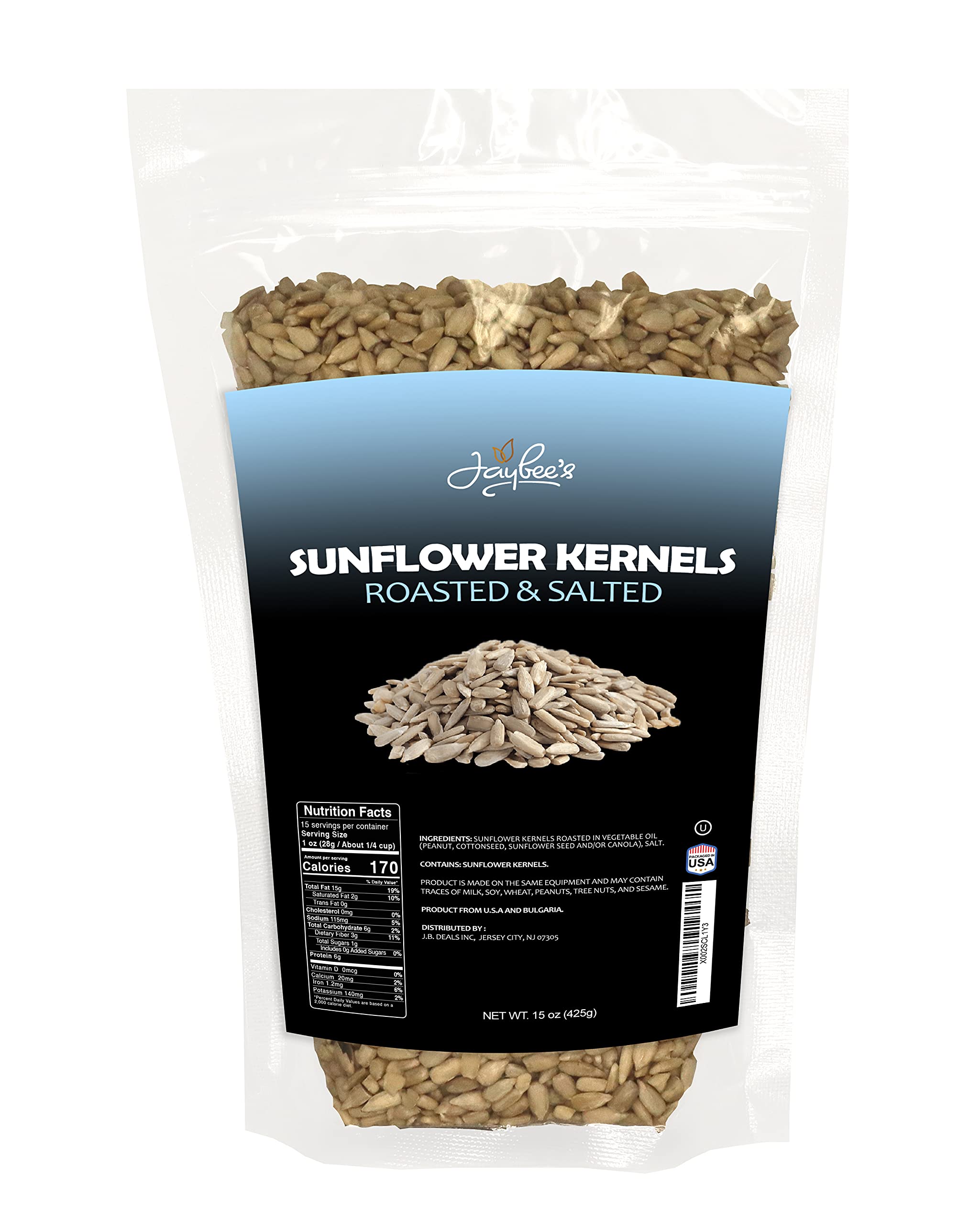 Sunflower Seeds - Roasted Salted | 15 oz Resealable Pouch | Hulled (No Shell) Kernels - High in Protein & Fiber | Healthy Snack Food, On the Go Snacks | Semilla de Girasol | Kosher | Jaybee's Nuts