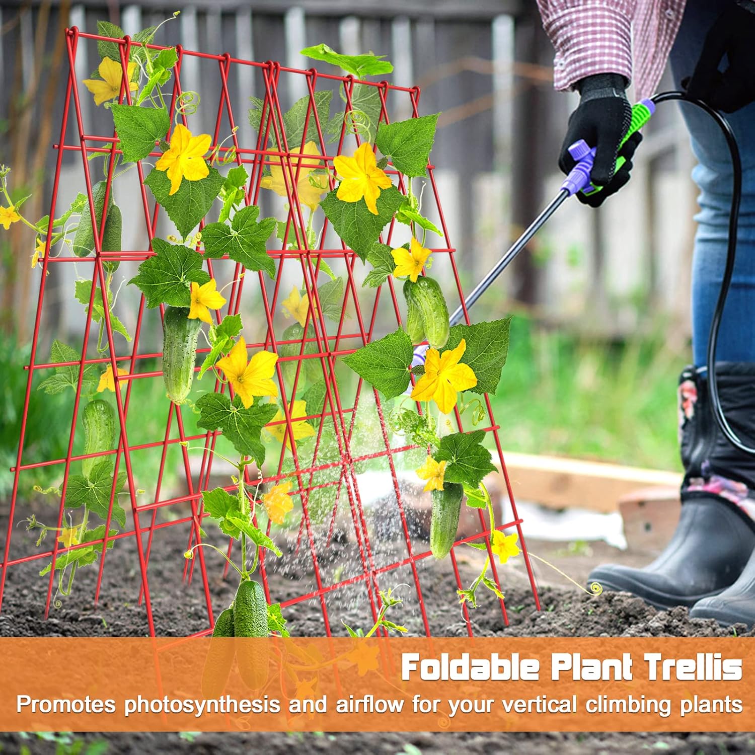 Barbella Foldable Cucumber Trellis, 2 Pack A-Frame Outdoor Garden Trellis for Climbing Plants Vegetables Flowers, Steel Plant Support Trellis Plant Climbing Trellis (Red)