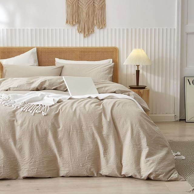 Ensemble de housse de couette LIFETOWN 100 % coton lavé, aspect lin naturel, léger et confortable (Reine, lin)