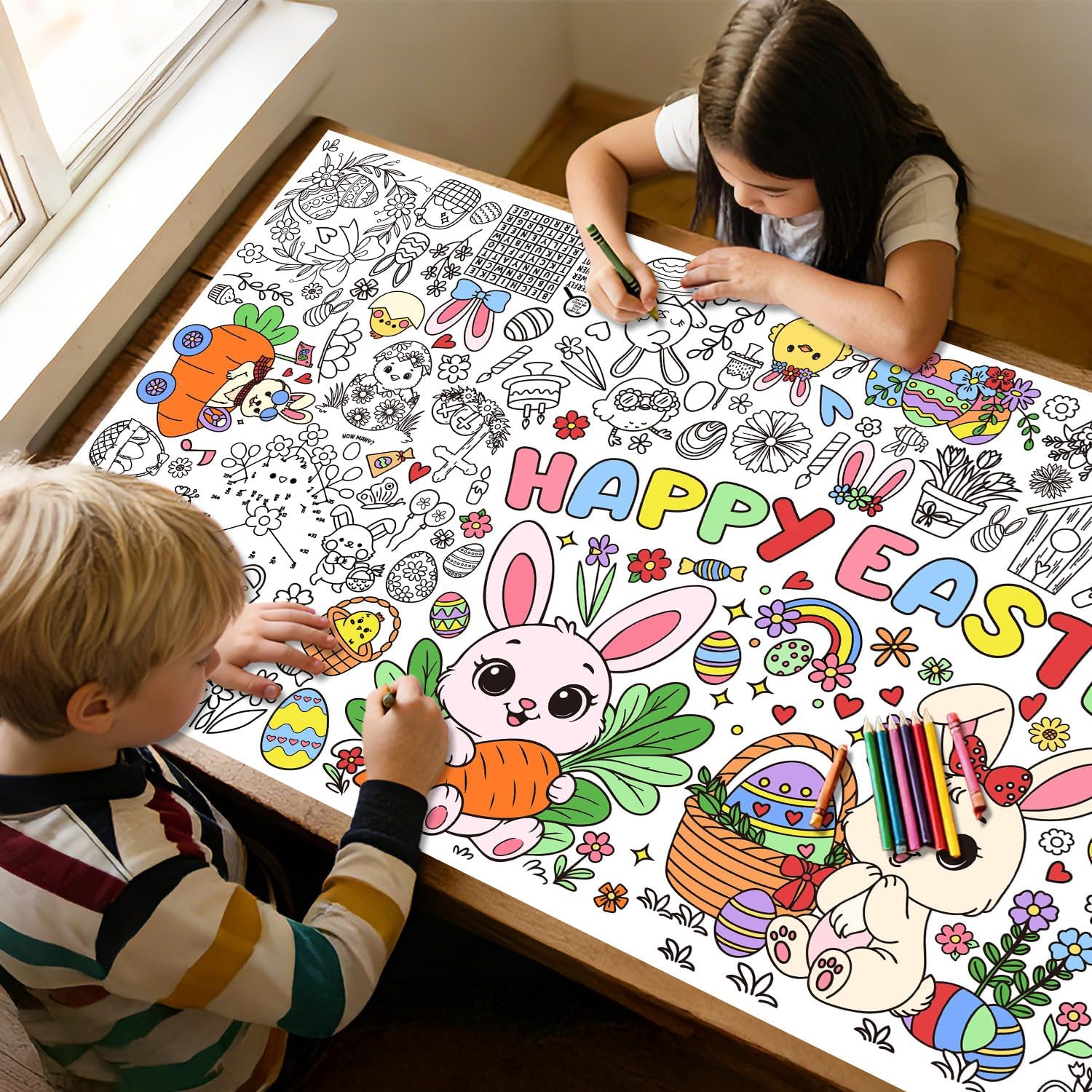 Easter Coloring Tablecloth - 71 x 31.5 Inches Large Coloring Poster, Easter Party Decorations - Crafts, Games, Basket Stuffers, Classroom Activities