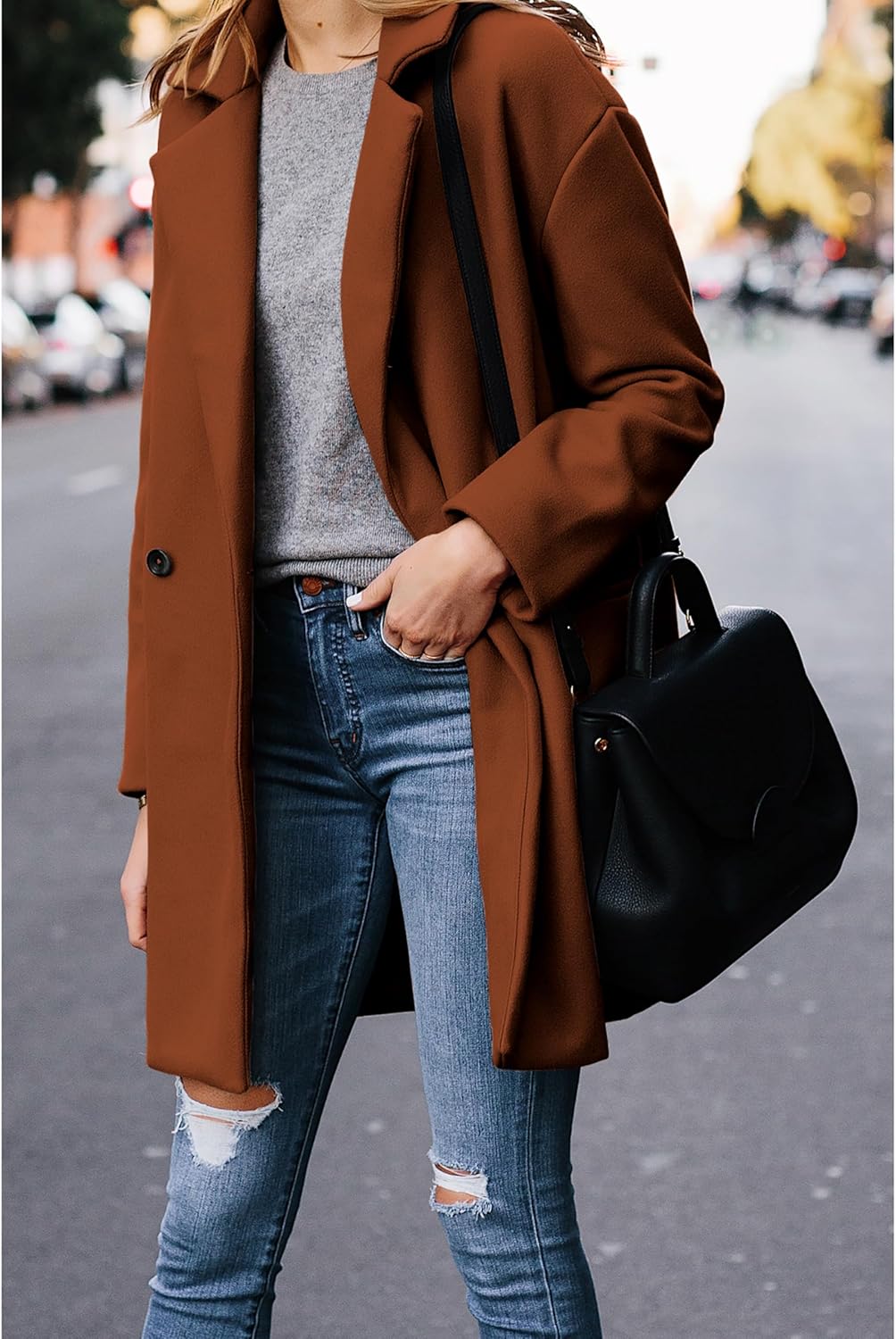 Hooever Women's Notched Lapel Wool Coat Single Breasted Pea Coats Winter Wool Blend Blazer Jacket - Image 6