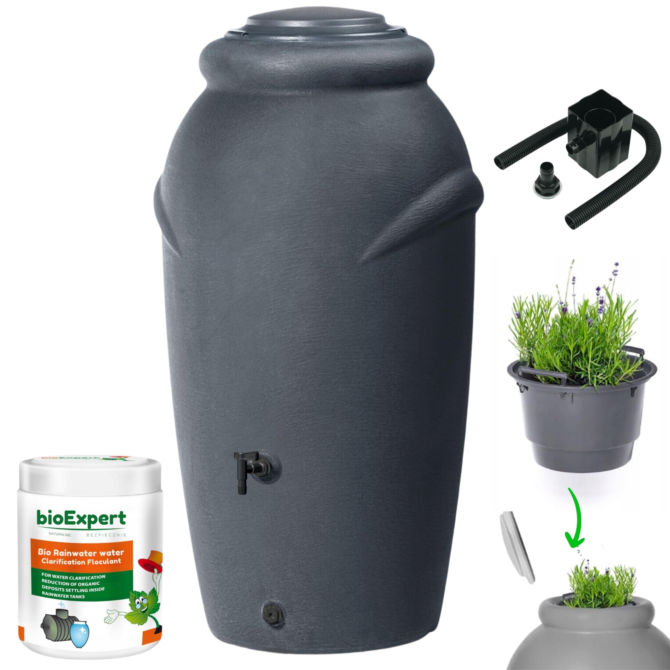 Novecrafto Anthracite (210 L) Water Butt With Tap Kit - Rainwater Collector With Tap, Diverter And Bio Cleaner - Decorative Anthracite Water Tank Amphora-Shaped For Gardens, Terraces - Collect And Promote Plant Growth 210L