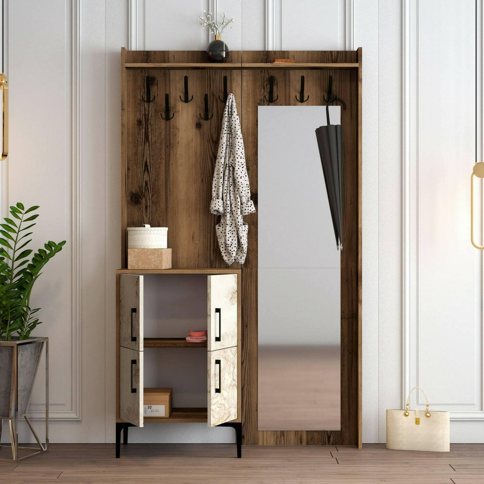 Dmora - Mobile da ingresso Pollux, Entratina appendiabiti, Composizione per atrio, Consolle portaoggetti multifunzione, 120x35h200 cm, Noce e Bianco