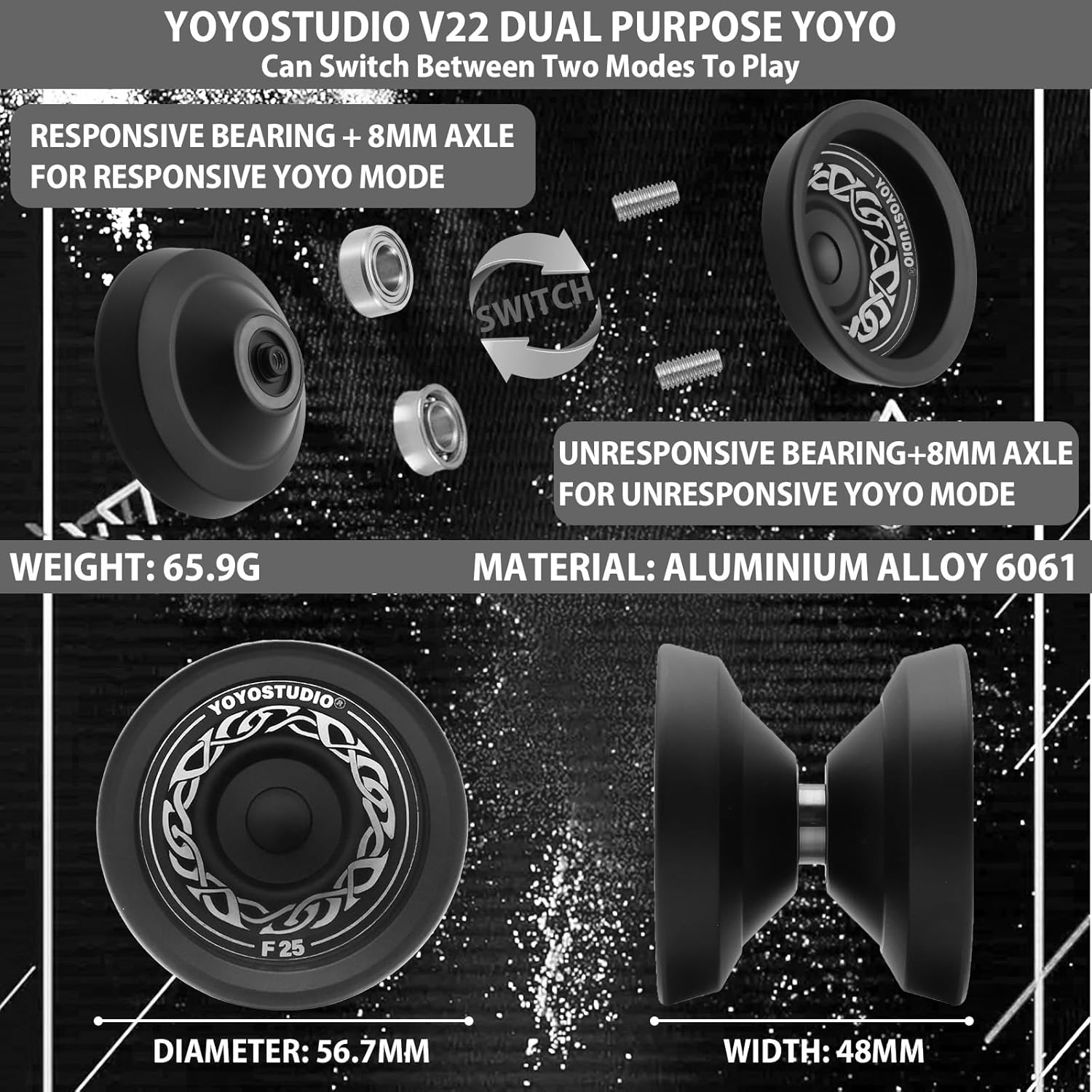 YOYOSTUDIO F25 Finger Spin Yoyo for Kids 8-12 and Adults, Dual Purpose Professional Yoyo for All Player, Trick Yoyos with Bearing Kit, 10 Yo-Yo Strings, Case & Glove - Black