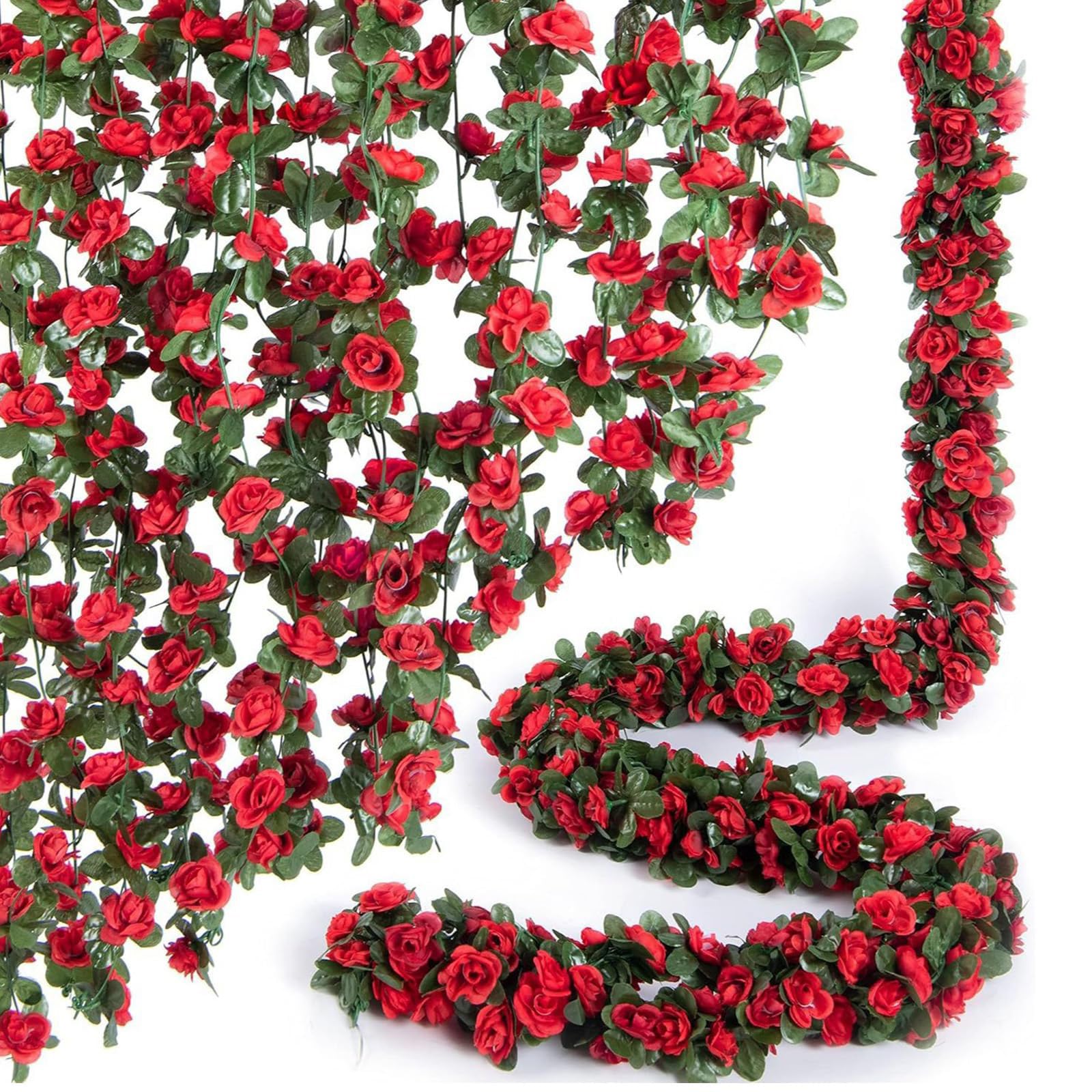 HUANYO Artificial Flowers Garland - 2 Pack of 2.4M Vine, 45 Heads Simulated White Roses Each, Realistic Faux Flowers for Wedding Arch, Home Garden Indoor Outdoor Decor (red)