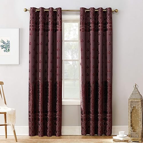 Sun Zero Elidah Medallion Bonded Velvet Thermal Extreme Total Blackout Grommet Curtain Panel, 50" x 84", Merlot