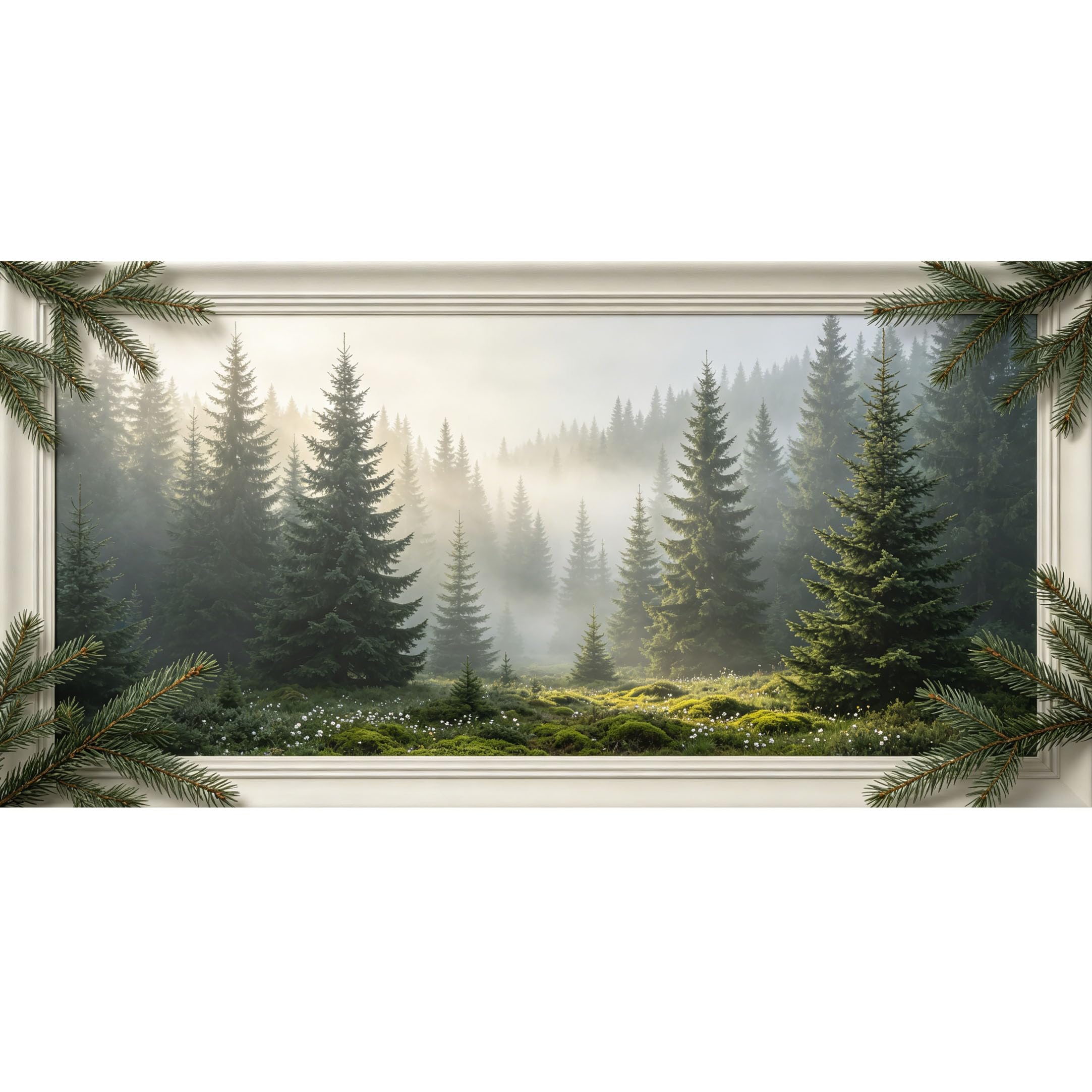 Agglomerix 3D Framed Wall Art Misty Conifer Forest Landscape Pine Tree Nature Woodland Foggy Scene Large Size SelfAdhesive Removable Wall Decor Prints Artwork for Living Room Bedroom Office