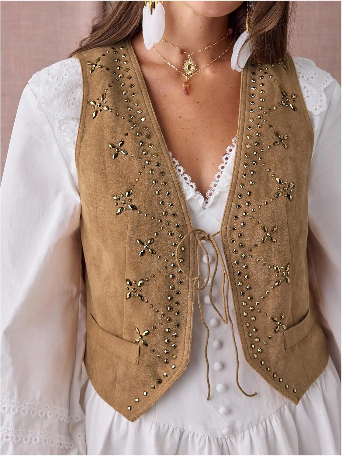 MakeMeChic Women's Rivet Studded Faux Suede Vest Tie V Neck Sleeveless Spring Cowgirl Vests Outerwear - Image 4