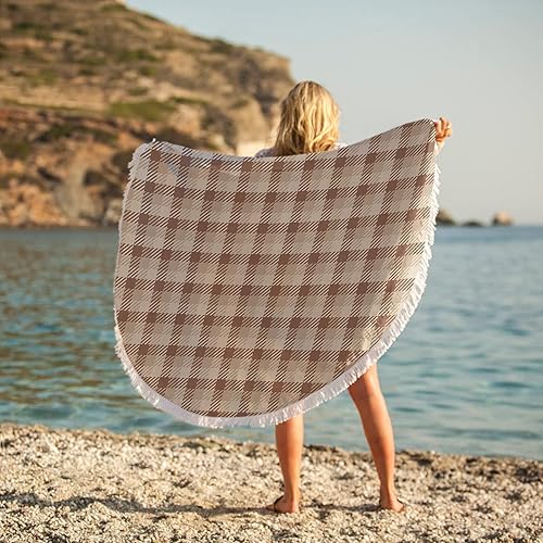 Miniatura 3 de Toalla de playa redonda a cuadros de búfalo retro de microfibra suave absorbente de agua para piscina, viajes, picnic, yoga, 59 pulgadas, marrón