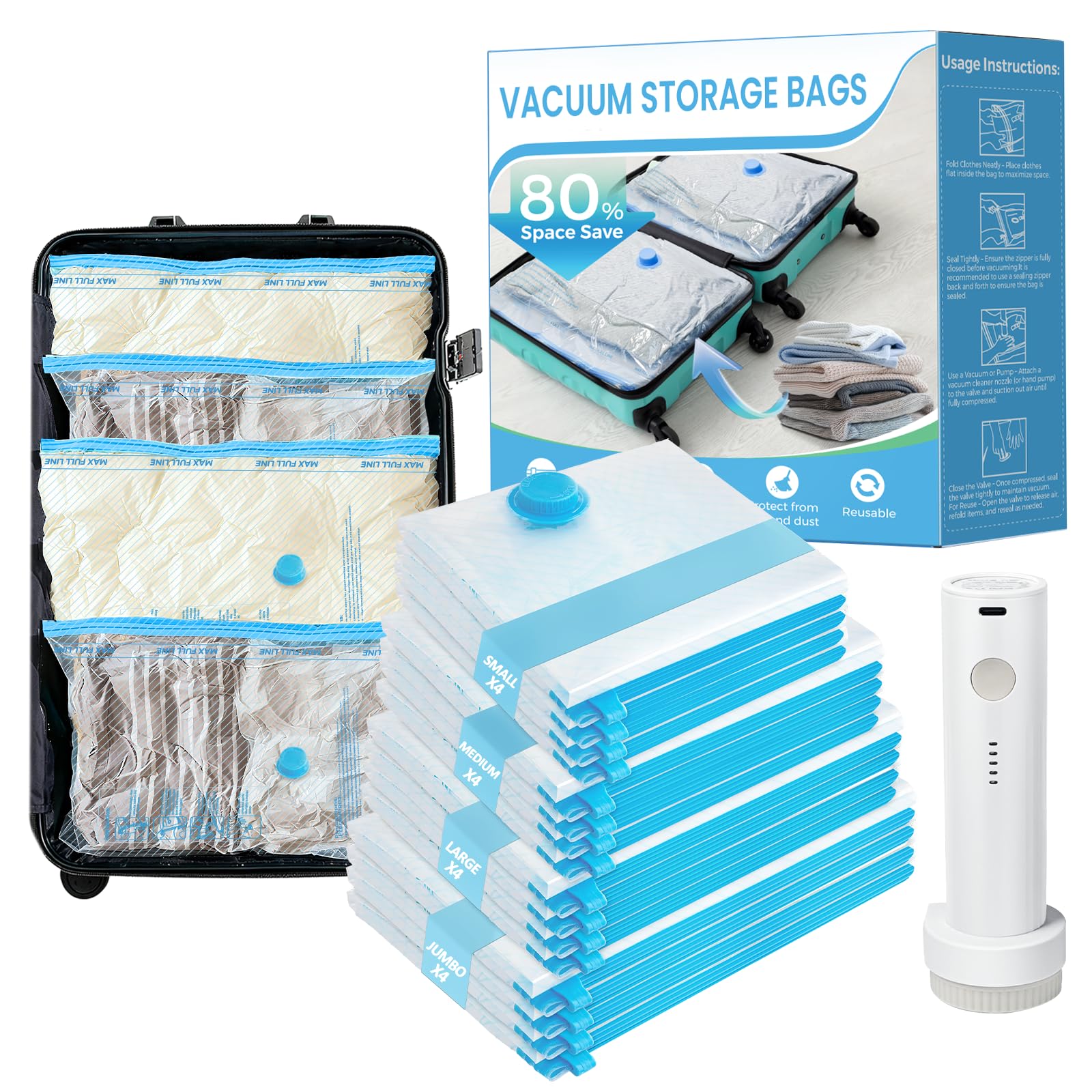 Lot de 16 sacs de rangement sous vide pour vêtements de voyage (4 jumbo, 4 grands, 4 moyens, 4 petits), emballage de compression pour vêtements, valises, bagages