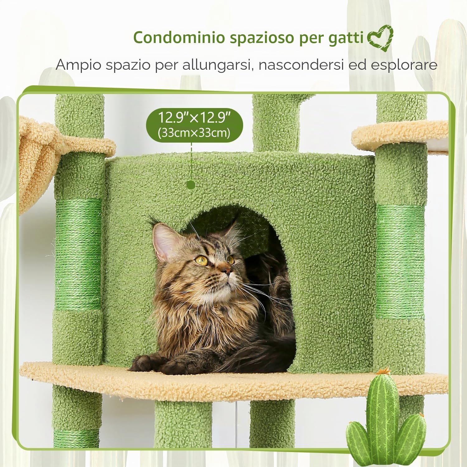 Globlazer Albero Tiragraffi ad Angolo Cactus Verde, Tiragraffi per Gatti Spigolo Alto 130 cm con Grandi Piattaforma, Curva Grotte, Amaca, Cesto, Torre per Gatto per 2-4 Gatti Adulti (C51, Verde)