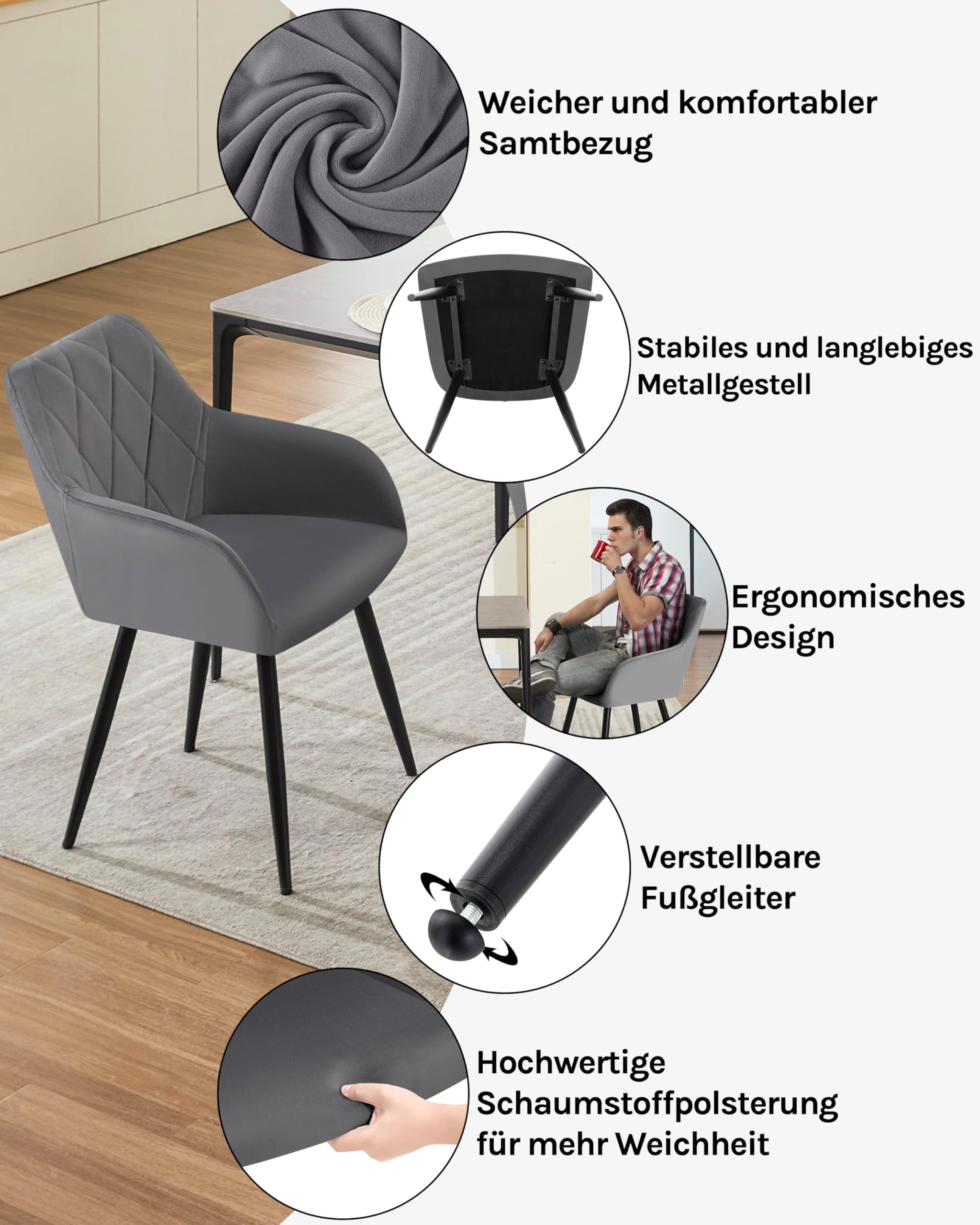 WOLTU 4er Set Esszimmerstühle mit Armlehne Rückenlehne, für Esszimmer Wohnzimmer Küche, Bequeme Küchenstühle gepolstert mit Samtbezug, Metallbeinen, Dunkelgrau