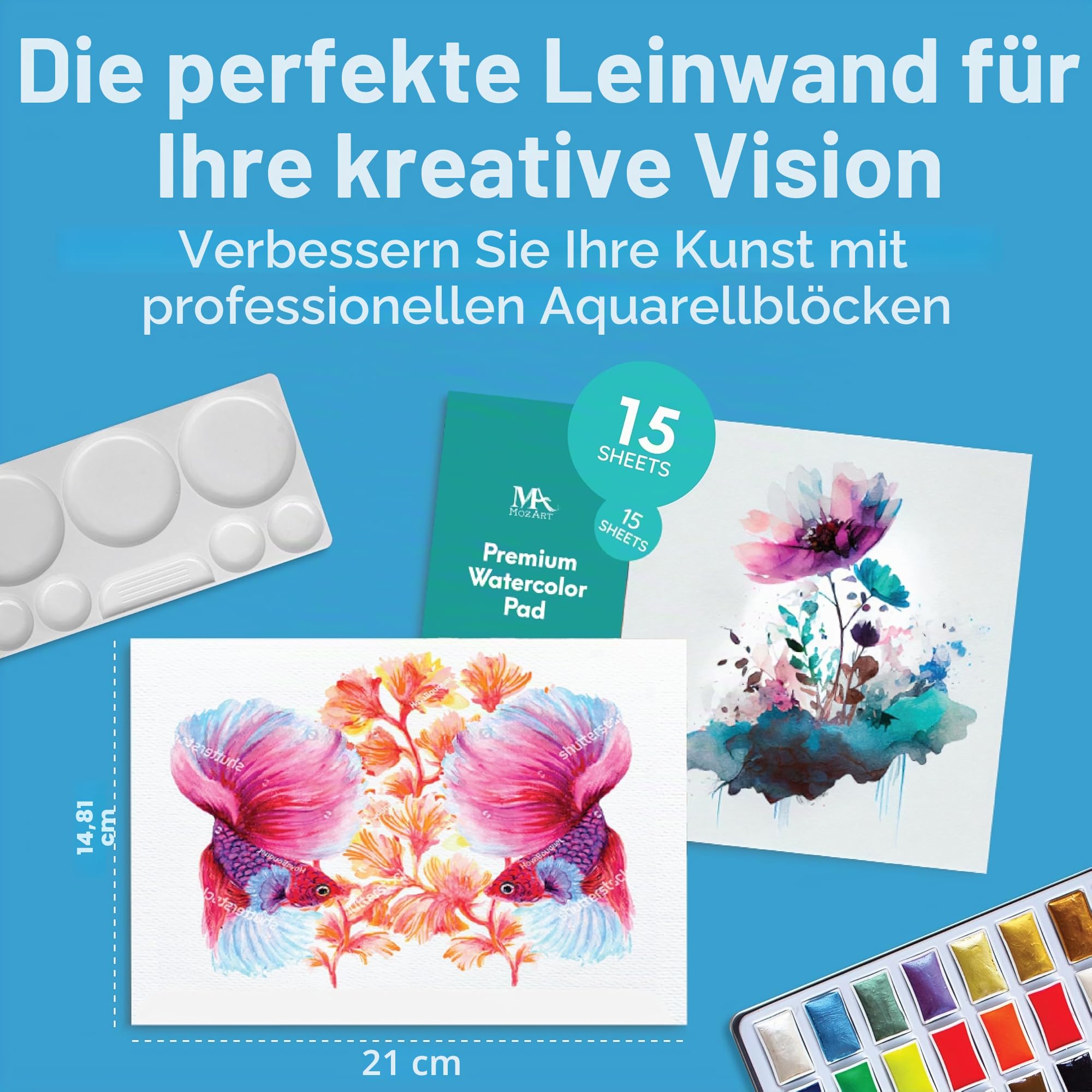 Mozart Premium japanisches Aquarellfarben-Set mit komplettem Zubehör, 40 reichhaltige Wasserfarben, inklusive Pfannen, Palette, Stift, Pad, Pinsel, Metallic- und Neon-Wasserfarben, perfektes
