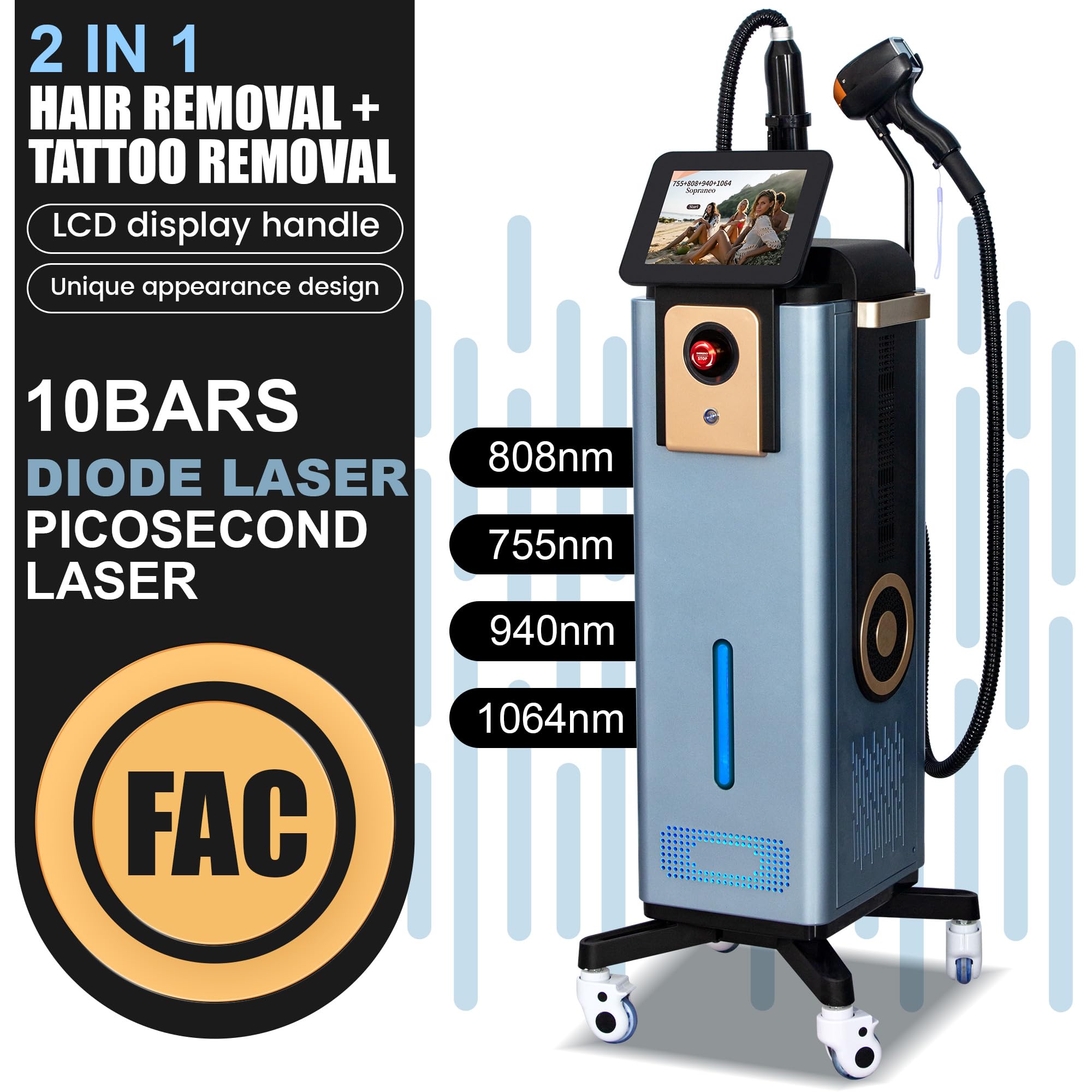 Dispositivo Epilatore Laser Verticale 2 in 1 Diodo FAC + Picosecondo, 4 Lunghezze d’Onda Raffreddamento Zaffiro, Schermo Touch, Base Rotante per Centri Estetici Professionali