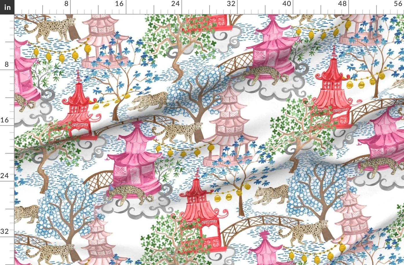 Spoonflower Fabric - Chinoiserie Pagoda Leopards Bright Whimsical Maximalist Kids Room Printed on Denim Fabric Fat Quarter - Bottomweight Apparel Home Decor Upholstery
