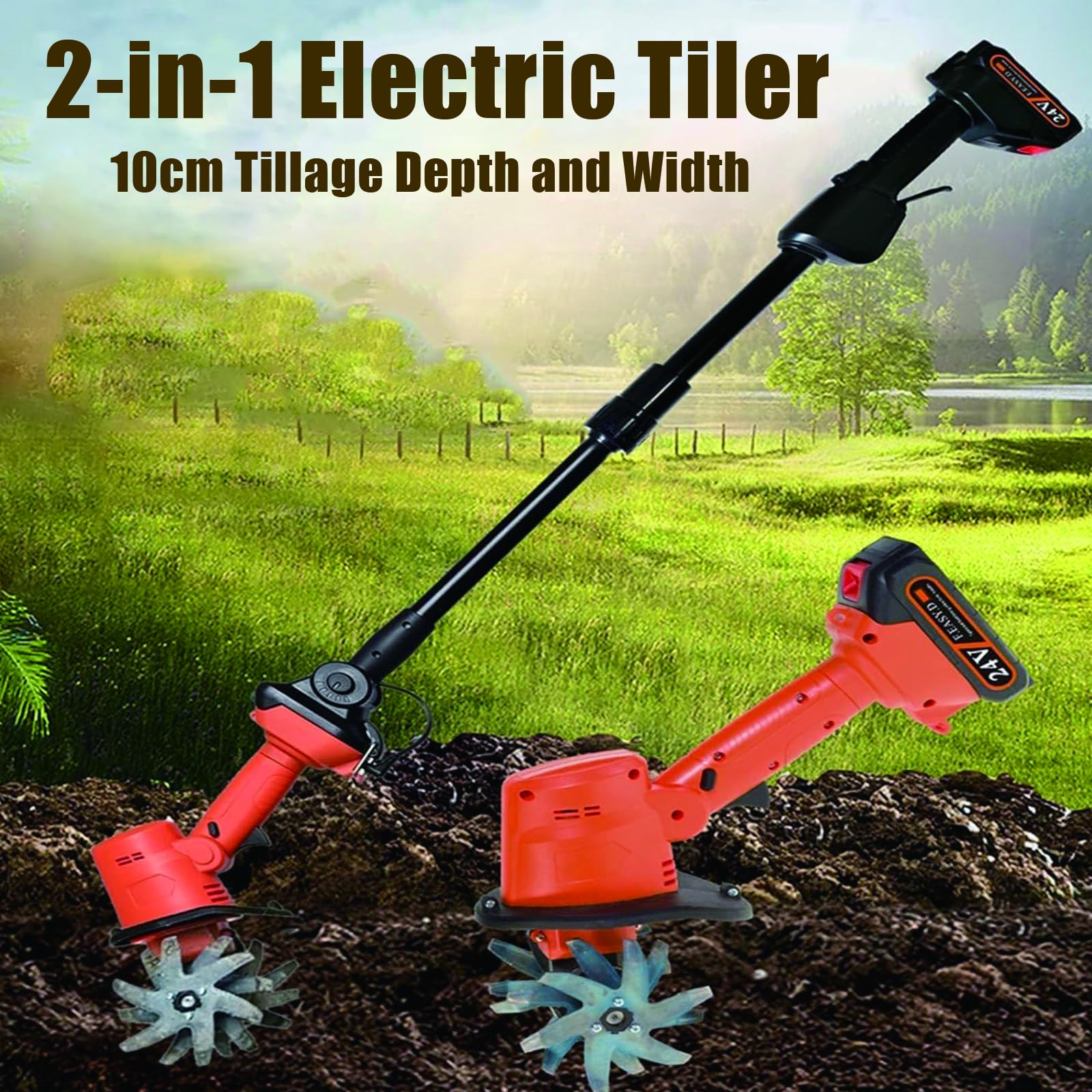 Cultivador de Jardín Inalámbrico – Mini Motoazada Eléctrica con 2 Baterías 1,5Ah, 10 cm Ancho y Profundidad, Rotavator Manual con Barra Extensible para Deshierbe, Aflojado de Suelo y Huertos