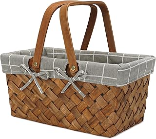 Woodchip Picnic Basket with Double Fold Handles, Hand Woven Easter Eggs and Candy Basket, Bath and Kids Toy Wicker Storage Basket, Gift Packing Basket. Flower Girl Baskets for Valentine Day.Greycheck