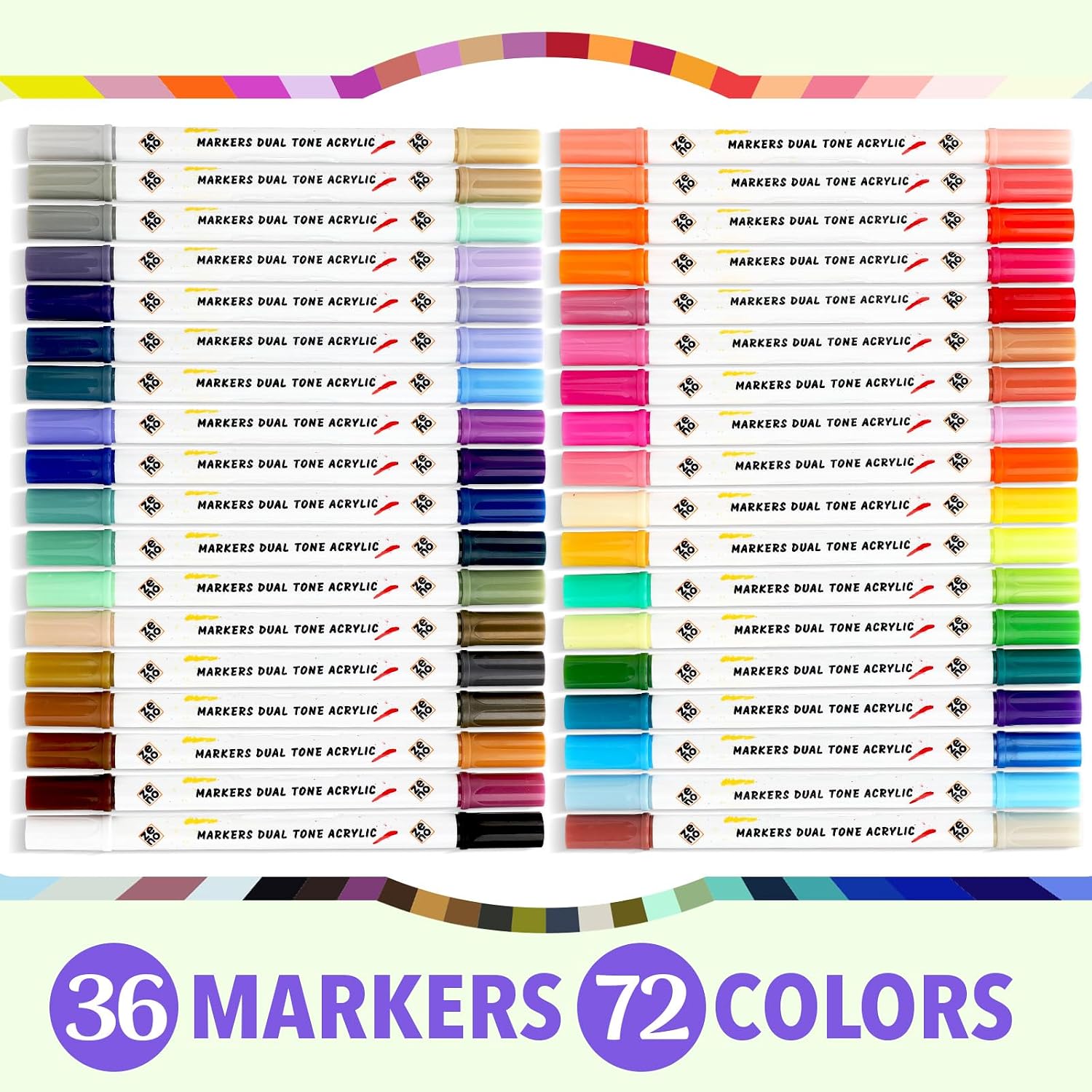 ZENO 36 Acrylic Markers – 72 Colors – 36 Pens with 2 Different Shades per pen - Dual-Ended Brush Tip Coloring Markers for Crafts, Wood, Glass & Fabric