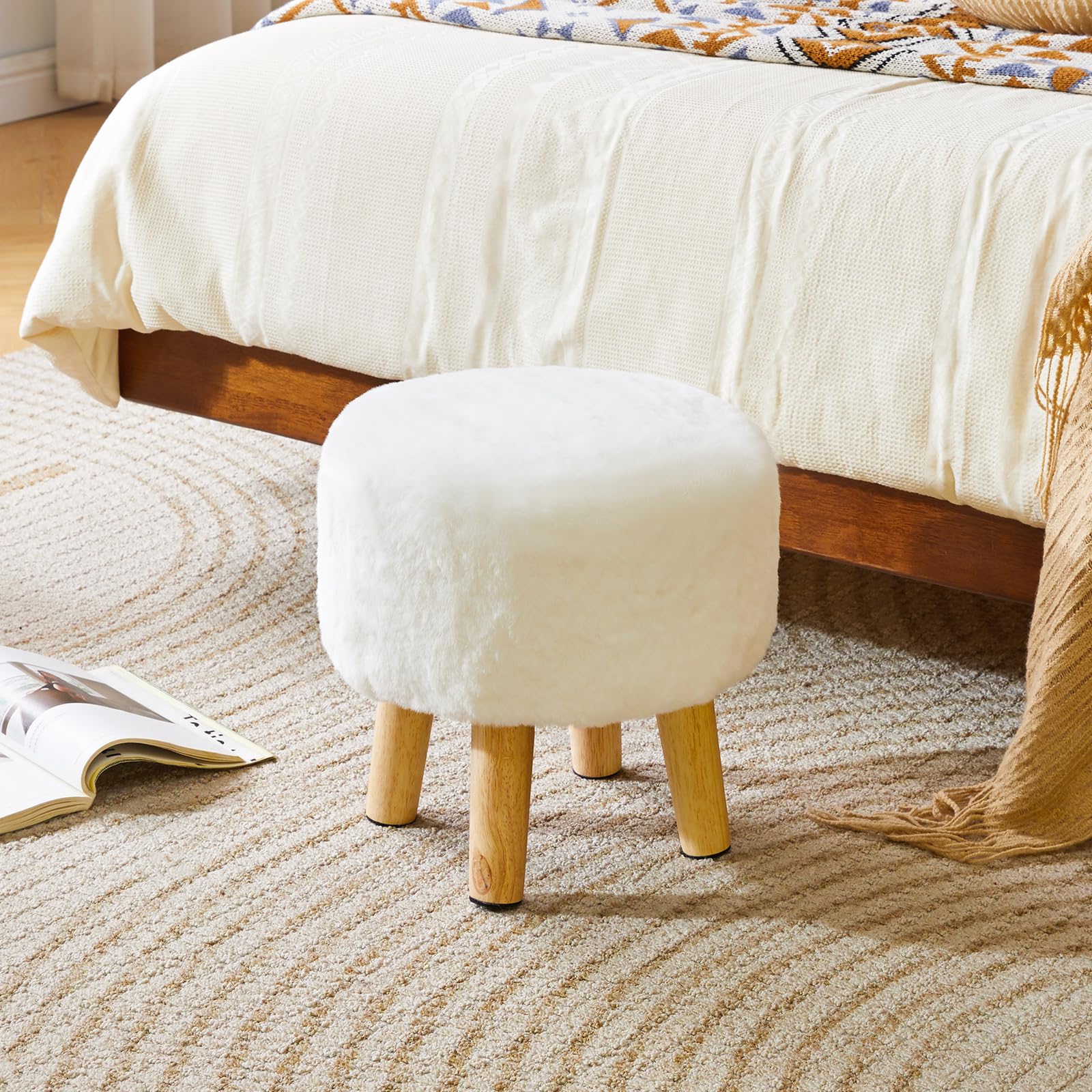 YMYNY Tabouret Pouf Ottoman Moderne en Bois Massif, Rond et Bas, Repose-Pieds pour Salon et Chambre, 32×32×32CM, Blanc HBD035W