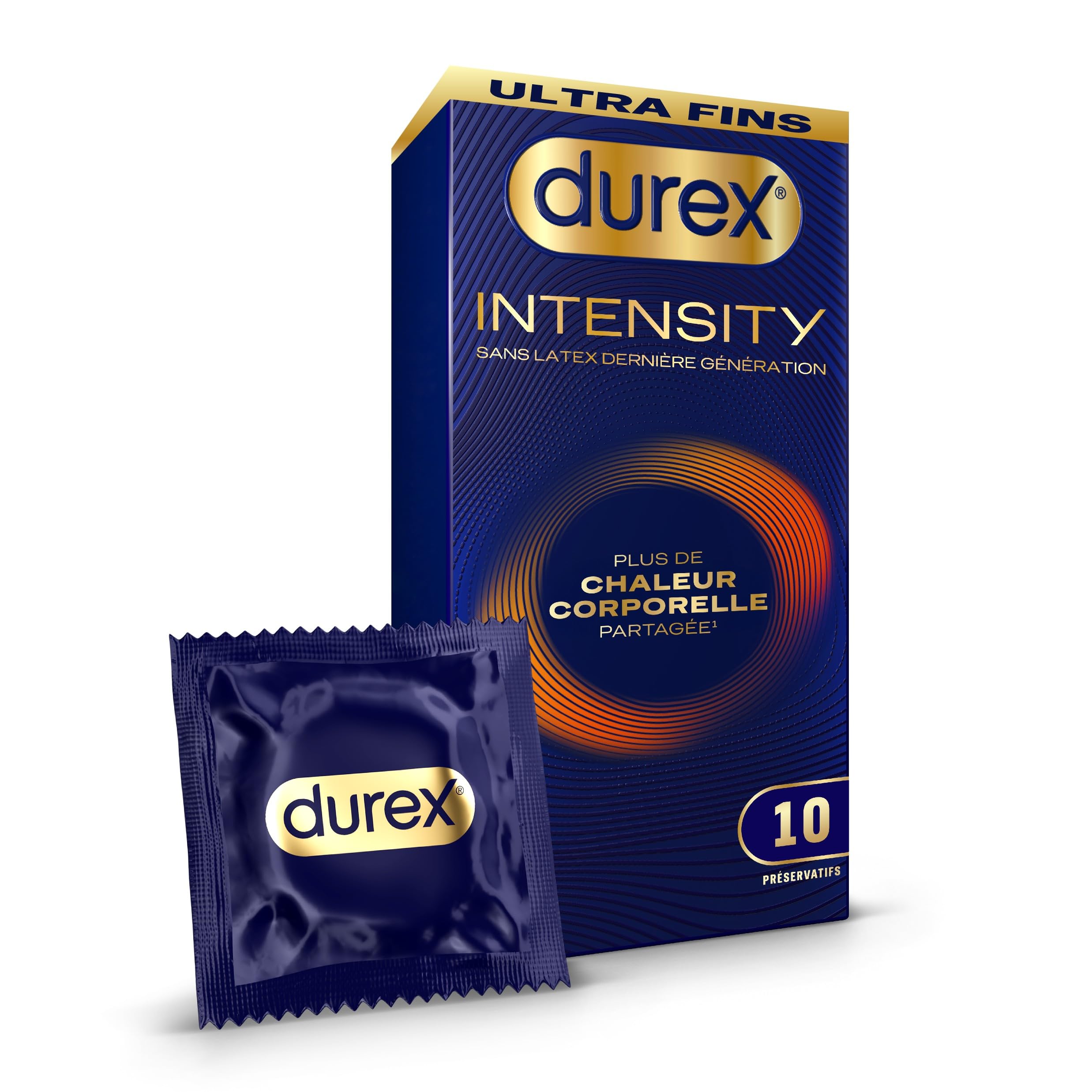 Durex Intensity – 10 Préservatifs Homme Sans Latex Dernière Génération Ultra Fins Ultra Lubrifiés – Plus de Chaleur Corporelle Partagée – Taille Standard