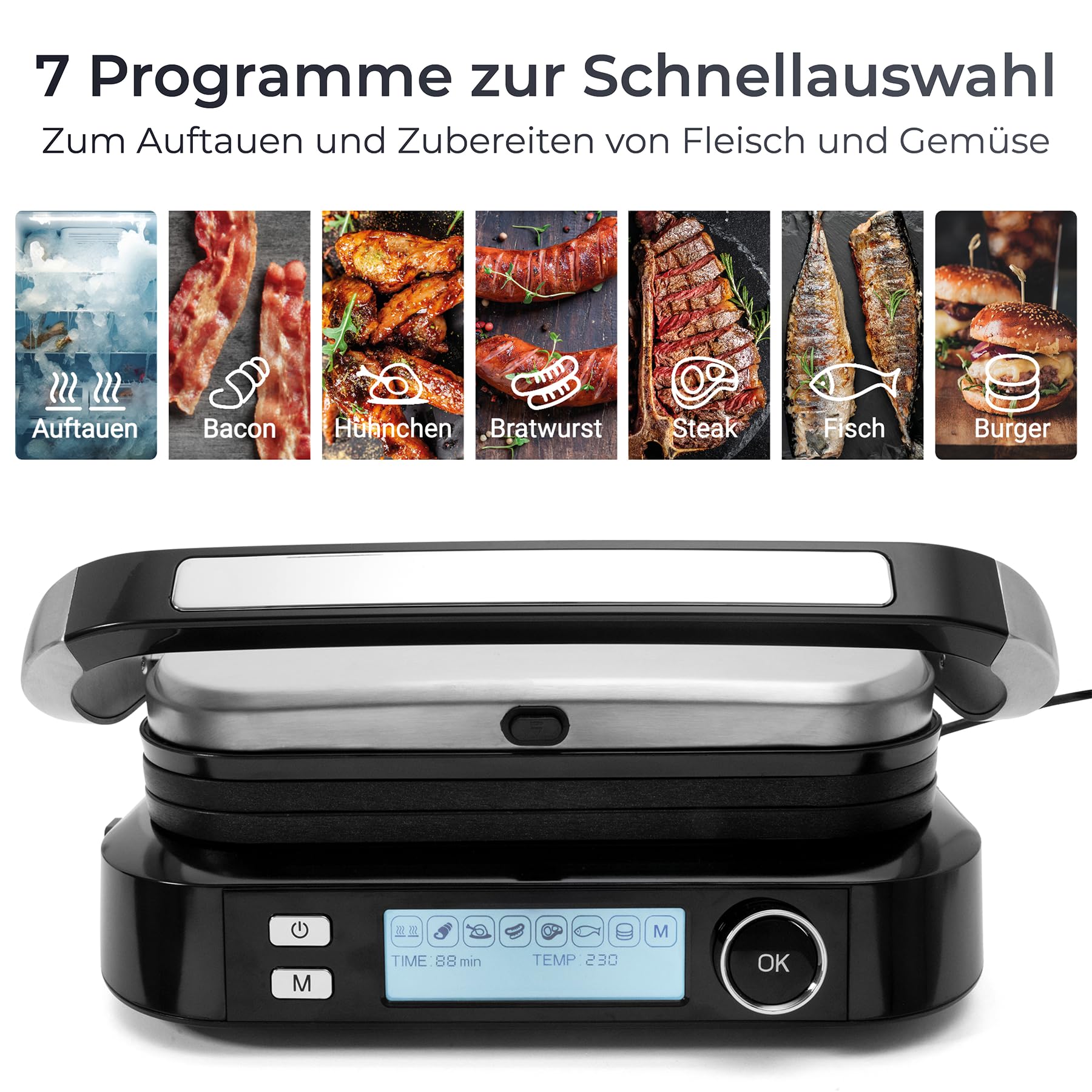 KLAMER Kontaktgrill 2100 W – elektrischer Tischgrill mit 7 Automatikprogrammen, abnehmbaren Platten, Antihaftbeschichtung, einstellbarer Temperatur 70–230 °C, Cool-Touch-Griff, Edelstahl & Schwarz