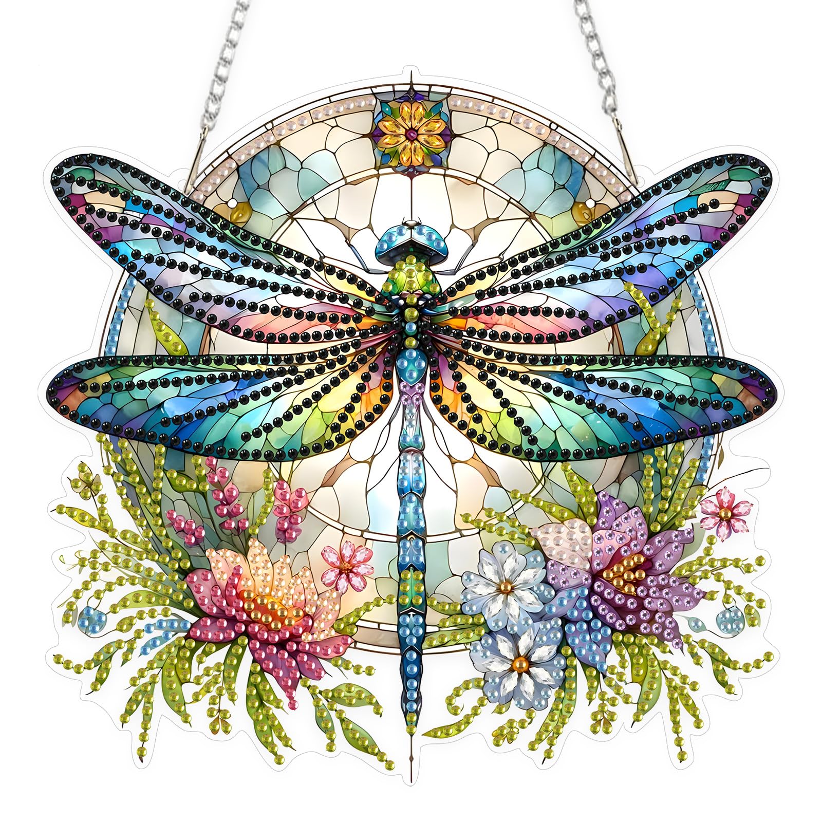EOBROMD Dragonfly Diamond Painting Hanging Kits, Flowers Acrylic Diamonds Painting Pendant Board Kit for Adults, Stained Glass DIY Acrylic Board Gem Art Kit for Home Decor Gifts — image 1