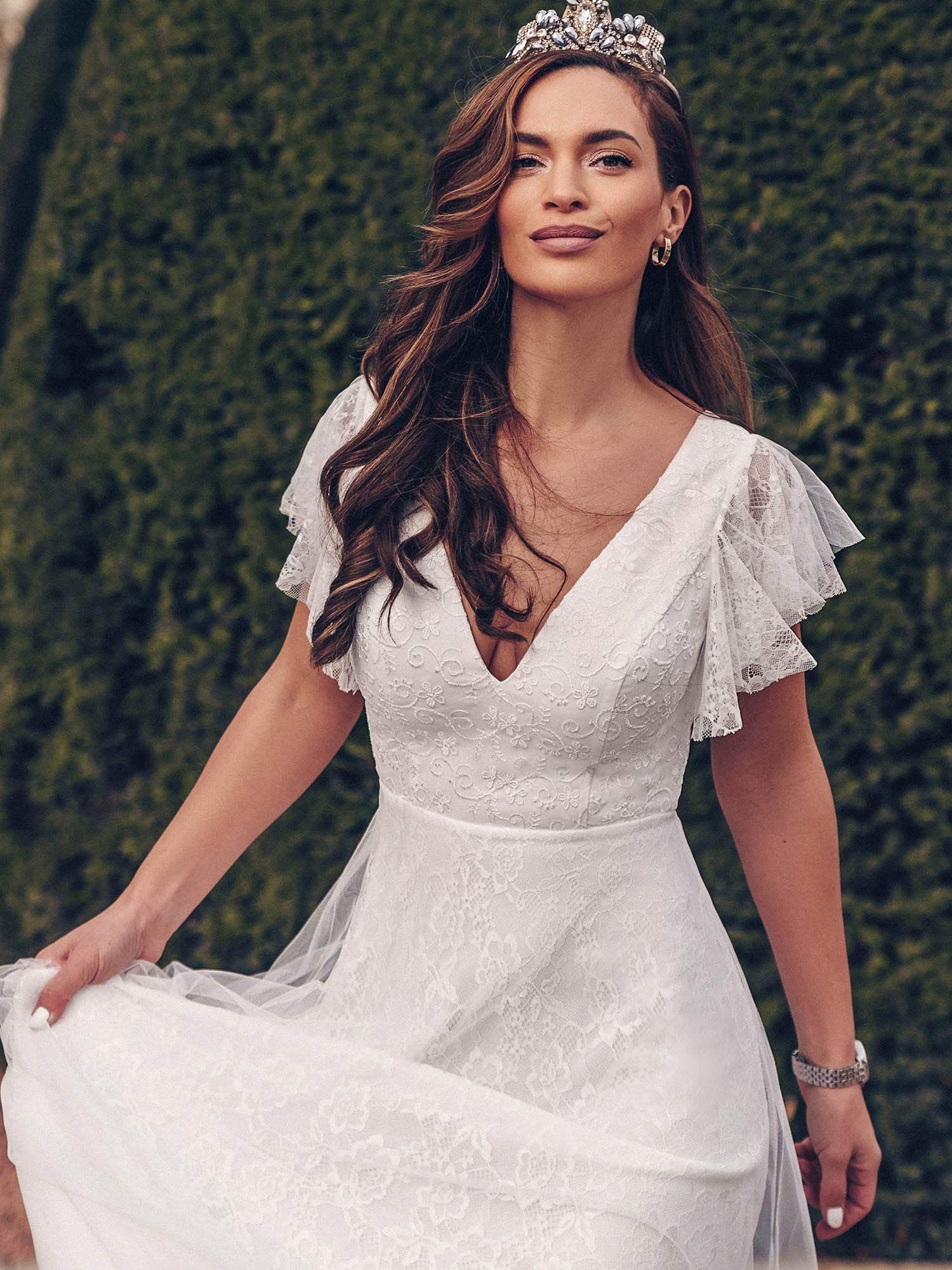 Ever-Pretty Encaje Tul Vestido de Fiesta A-línea Cuello en V Manga Corta Corte Imperio para Mujer 00857
