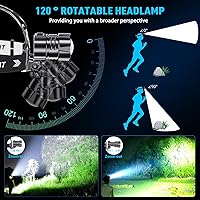 Vista 6 de Sinvimes Linterna frontal recargable LED de 4000 lúmenes altos, lámpara de cabeza de batería de larga duración de 95 horas con 5 modos e