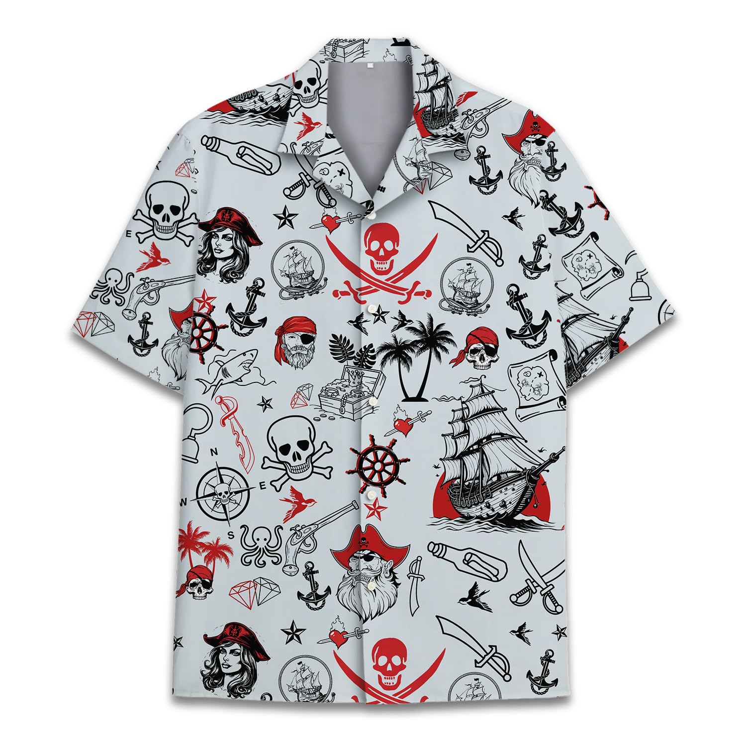 Pirate Skull Hawaiian Shirts for Men Women, Vintage Skull Pirate Treasure Map Shirt Button Down Short Sleeves