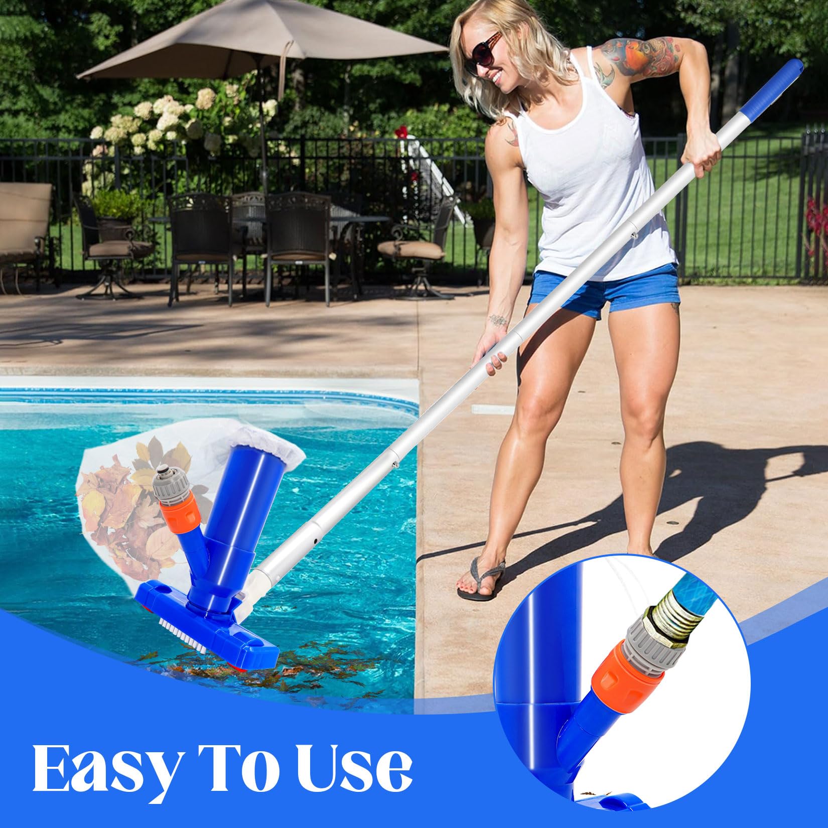 Poolsauger Bodensauger 147cm, Poolreiniger Bodensauger Set mit 4 Abnehmbare Verstärkung Aluminiumstange, Bürste, Pool Staubsauger Boden, Pool Reinigungsset