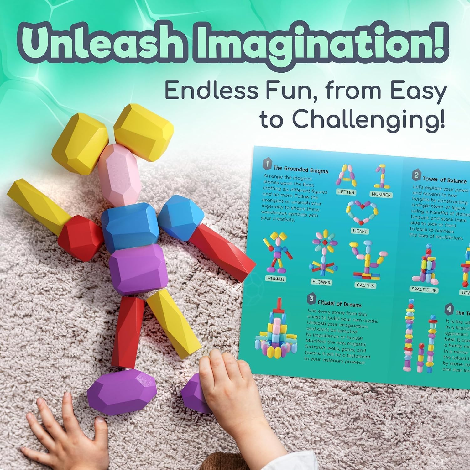 Drewniane klocki do układania klocków – Montessori Toys for 1, 2, 3, 4, 5, 6 Year Old Toddlers and Kids, No Choking Hazard – Building Rocks Stones Games, for Girls and Boys