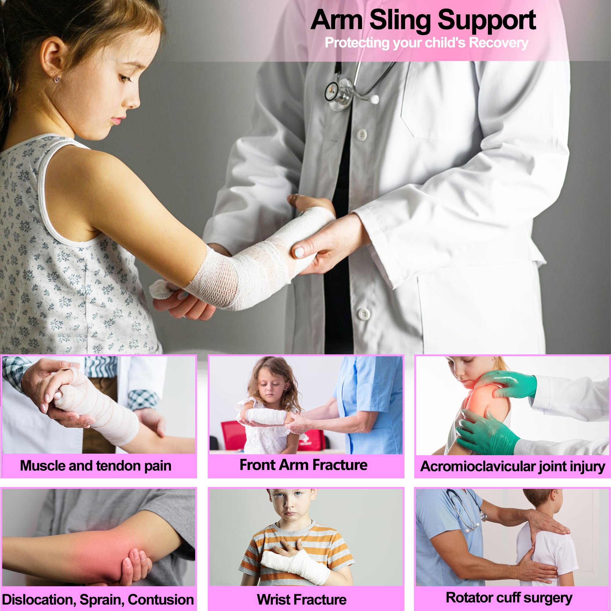 VISKONDA Eslinga médica de malla para niños, con almohadilla ajustable para el hombro, soporte de brazo transpirable para niños, soporte inmovilizador de hombro para codo, lesión de muñeca, puño