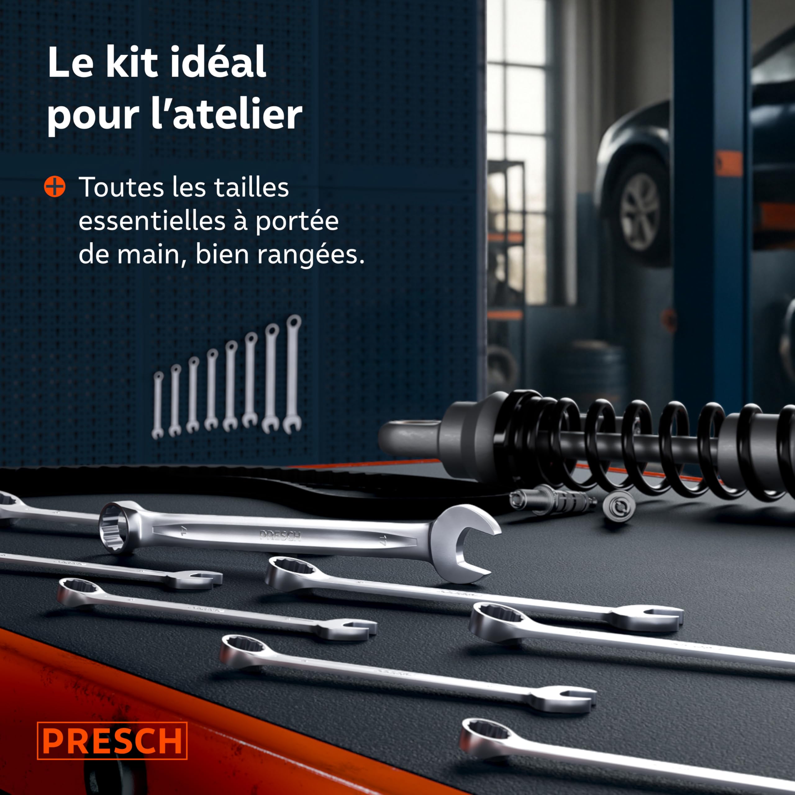 PRESCH Clés plates 8 pcs. avec sacoche (8-19 mm) - Jeu de Clé plate - Usinées de précision et ultra-durables - Angle de 15° pour travailler dans les espaces confinés