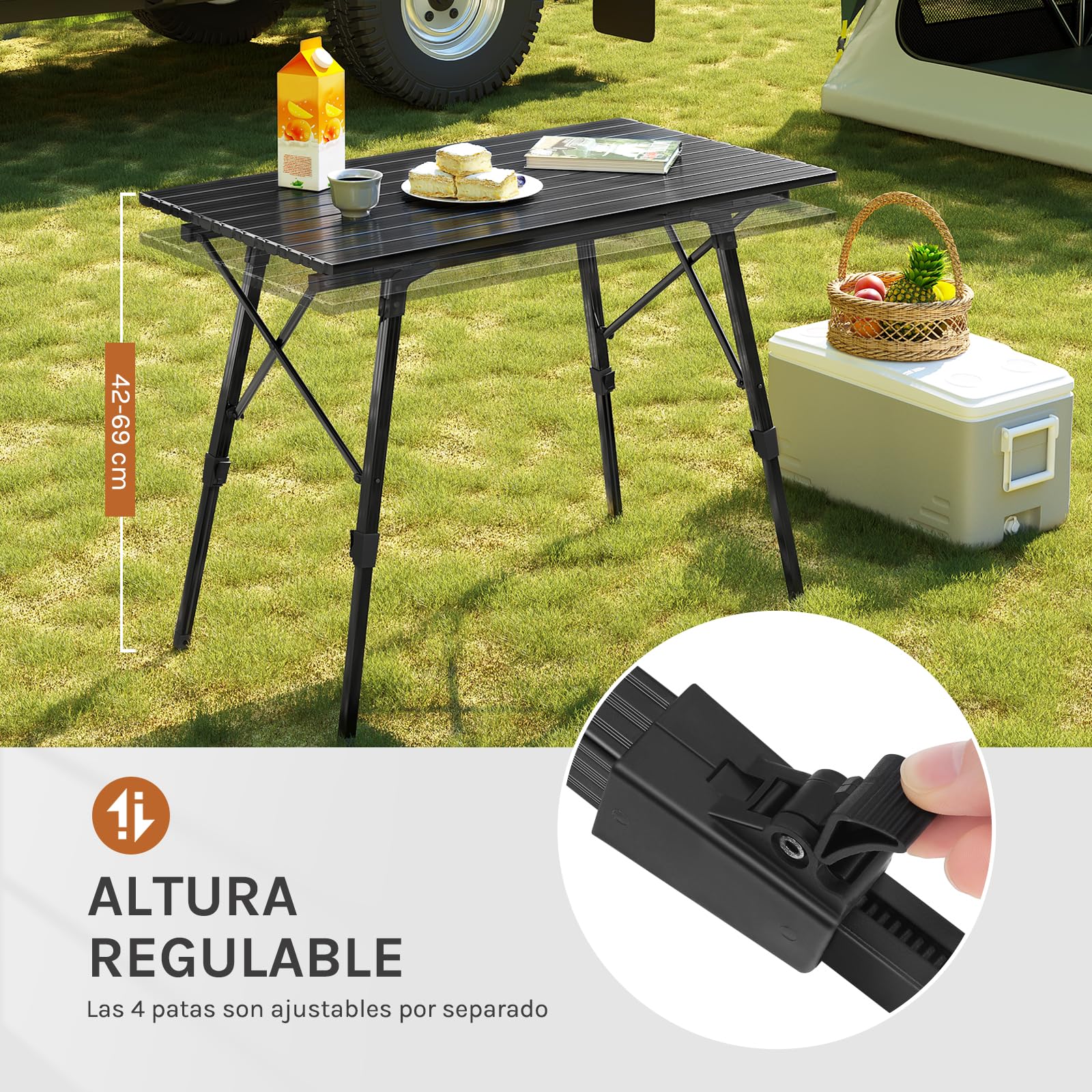 WOLTU Mesa de Camping Plegable Mesa de Aluminio de Jardín, de Trabajo, de Balcón, con Bolsa, Altura Ajustable, 90x52X (45-69) cm, Negro