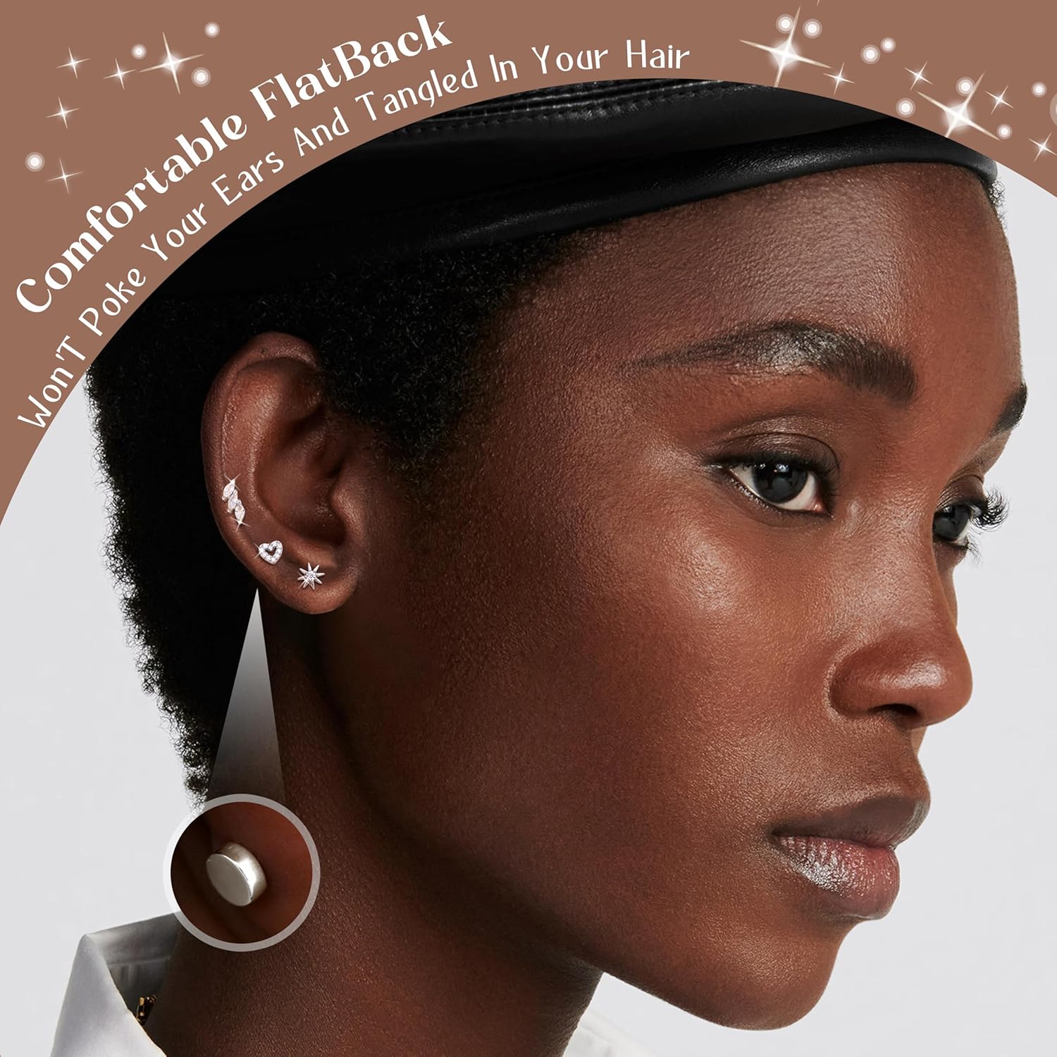 Sterling Silver Flat Back Earrings for Women Trendy Small Hoop Huggie Earrings CZ Cartilage Stud Earrings Set White Gold Plated Tragus Helix Earrings Piercing Jewelrys - Image 2