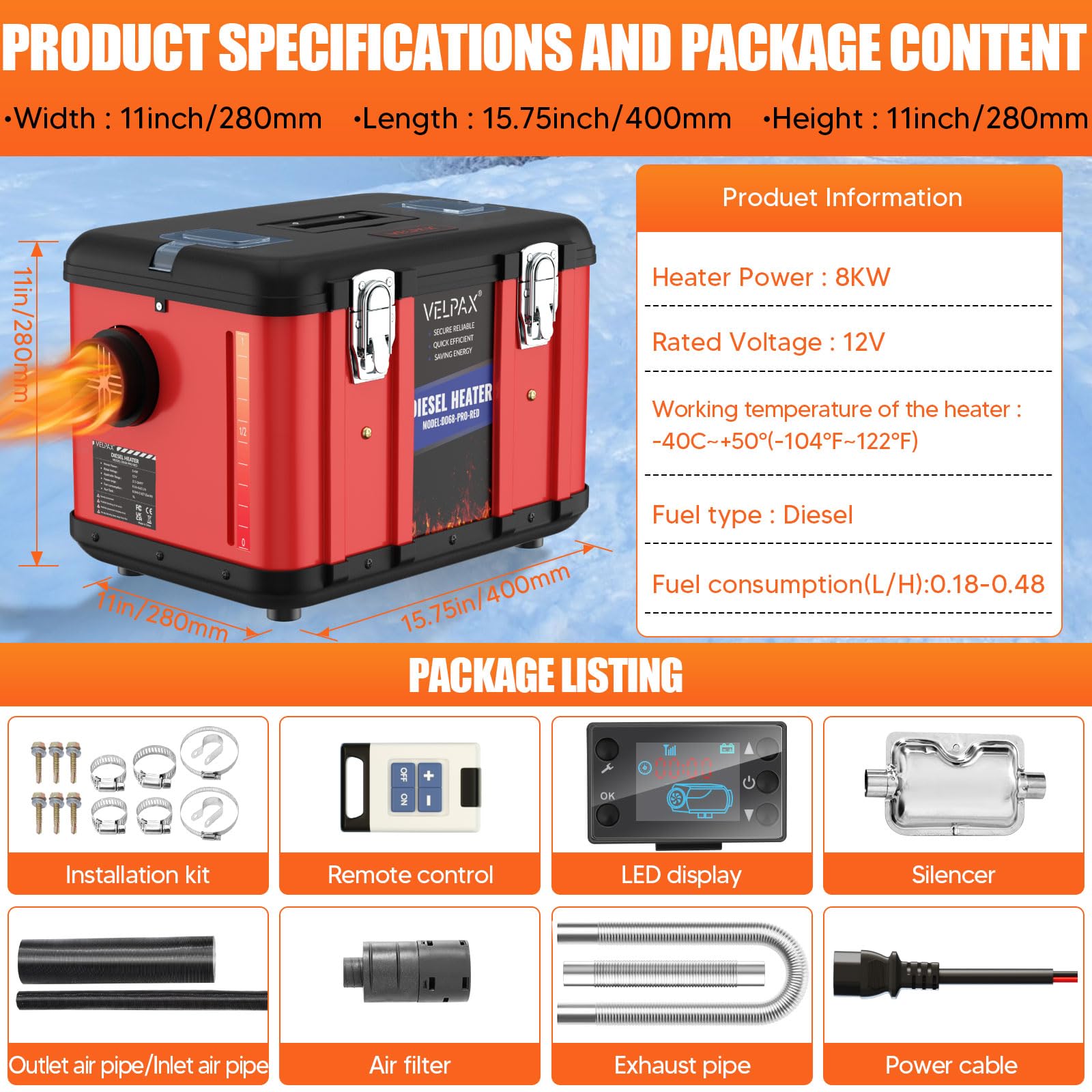 VELPAX Riscaldatore d'Aria Diesel all-in-One 8KW 12V riscaldatore d'Aria Diesel con silenziatore, LCD e Telecomando per Camper,Macchine,Camion,Barche,Autobus