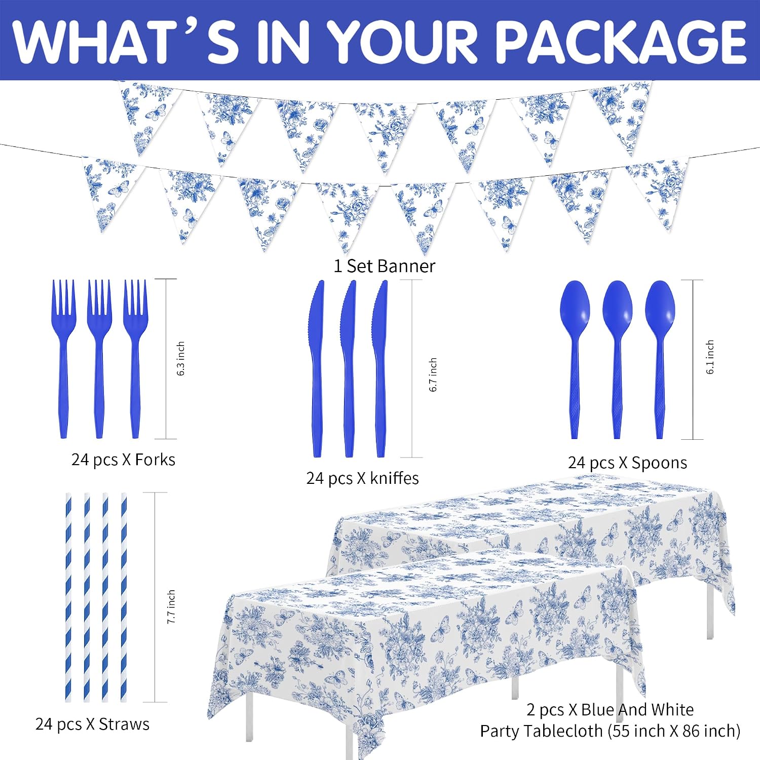 Blue and White Floral Paper Plates, Elegant Flower Party Supplies, Plate, Napkin, Cup, Cutlery, Tablecloth, Banner, For Birthday Baby Bridal Shower Wedding Chinoiserie Decor, Serves 24