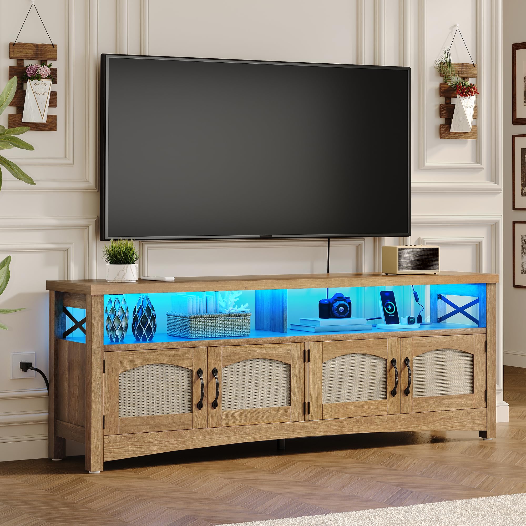 DWVO Farmhouse TV Stand for Living Room, Boho Entertainment Center for Bedchamber w/2 Rattan Cabinets, Television Stand w/Storage Large Media Console