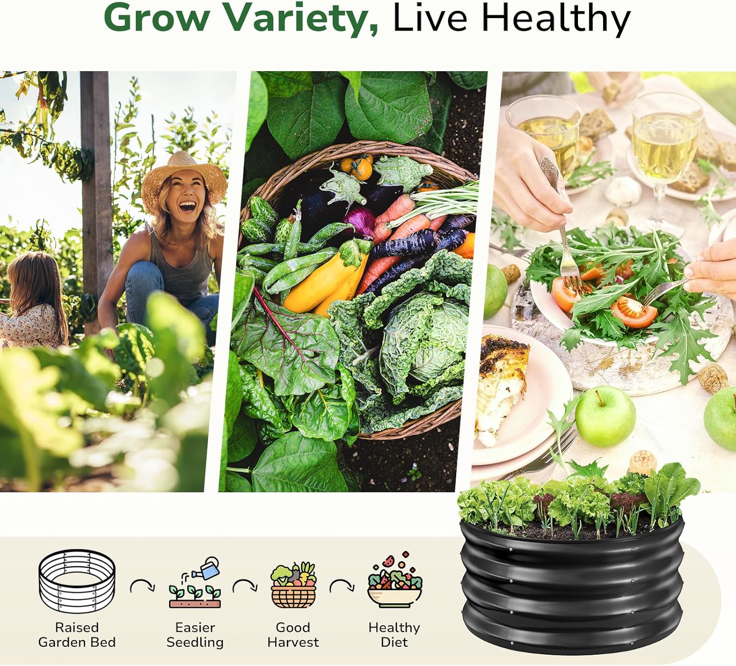 GreatBuddy 2x2x1 ft Round Galvanized Raised Bed, Easy-Assembly Raised Garden Bed with Anti-Cut Gloves & Tools, Rust-Proof Garden Bed for Outdoor, Vegetables, Herbs, Small Trees, Black
