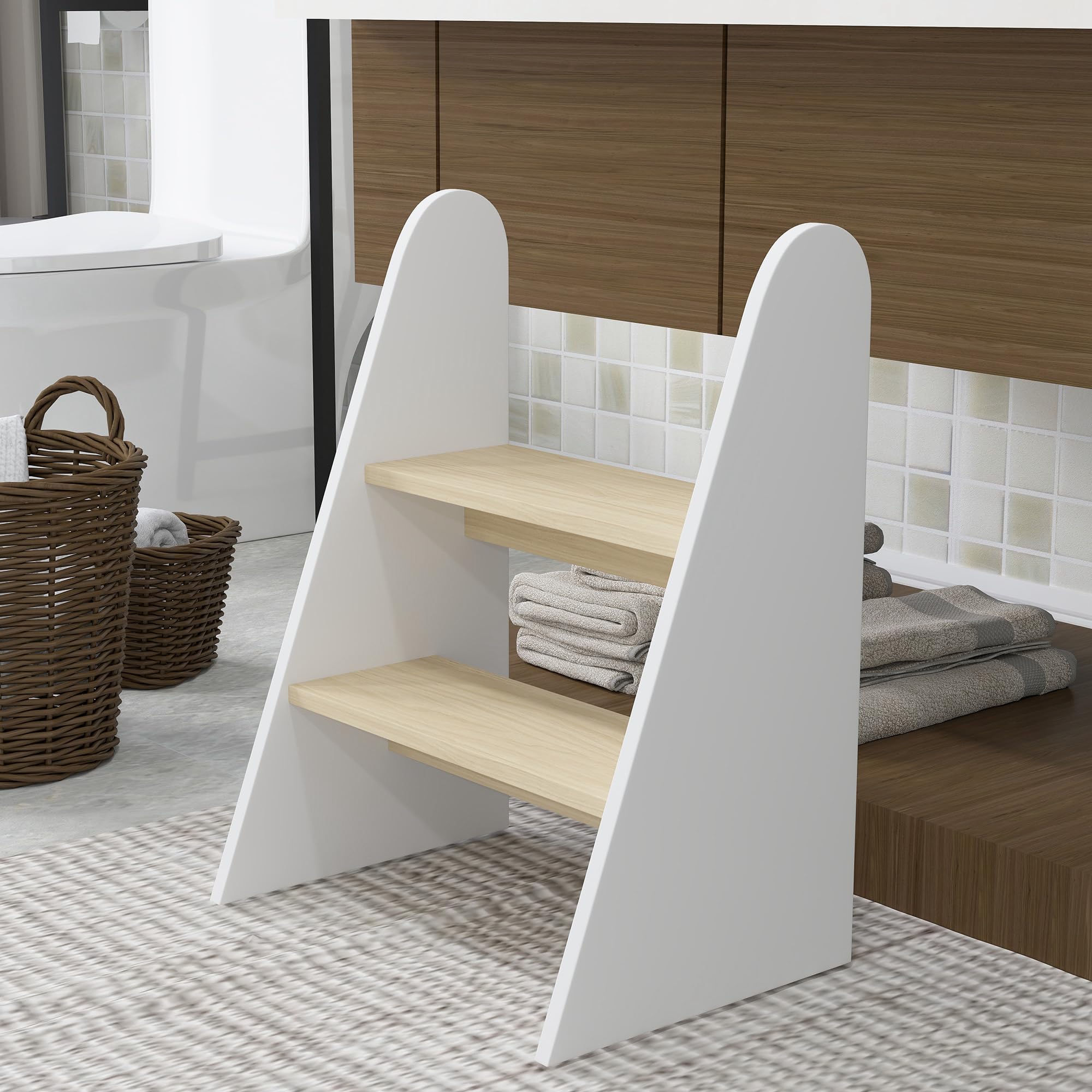 AIYAPLAY Sgabello a 2 gradini per bambini 3-8 anni, 20kg, legno bianco | Sgabello per bambini, per cucina, bagno, addestramento al vasino