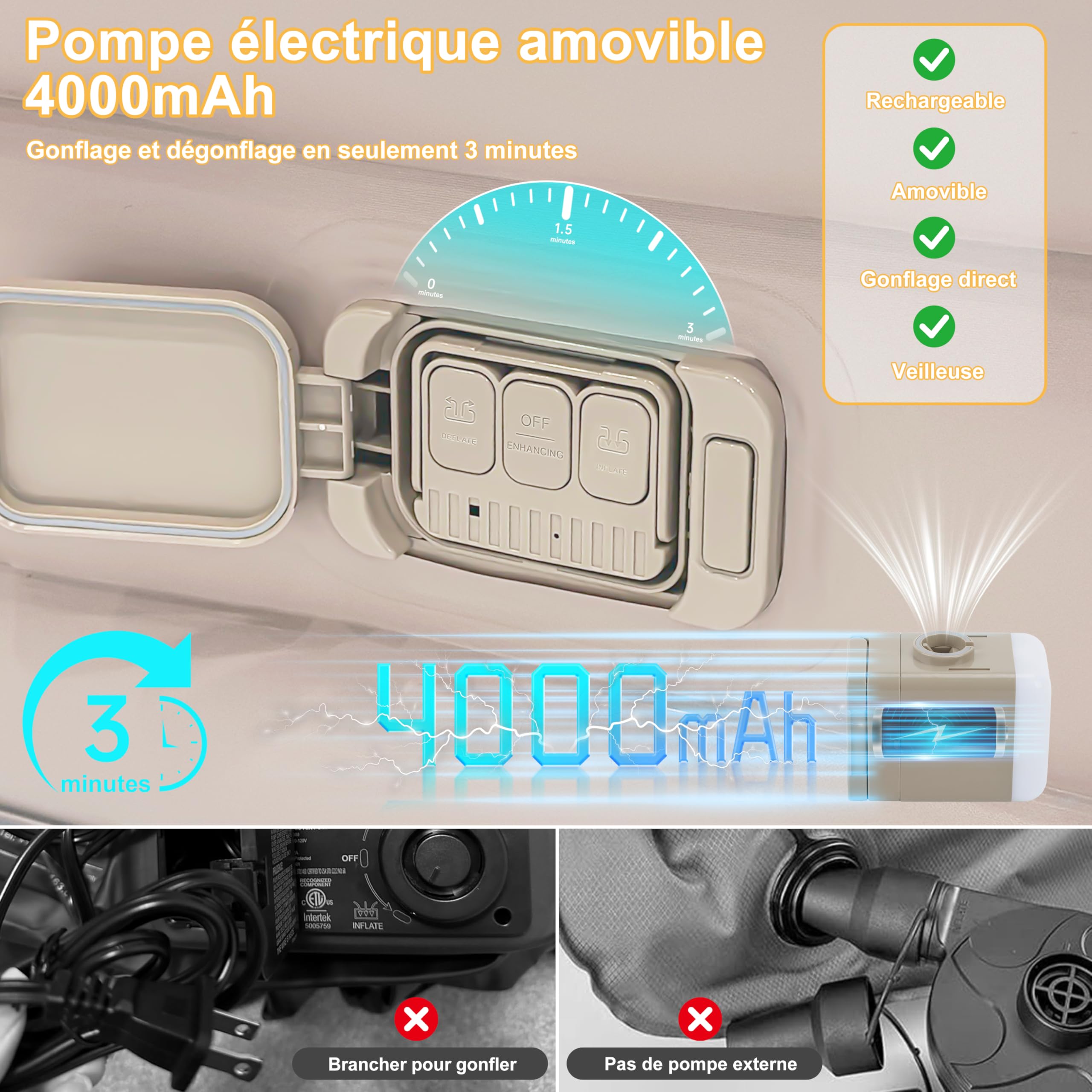 IEEILULU Lit Gonflable 1 Place, Matelas Gonflable 1 Personne avec Pompe Électrique, Oreiller et Fonction Veilleuse, Gonflage Rapide, Confortable et Durable, pour Le Camping ou la Maison