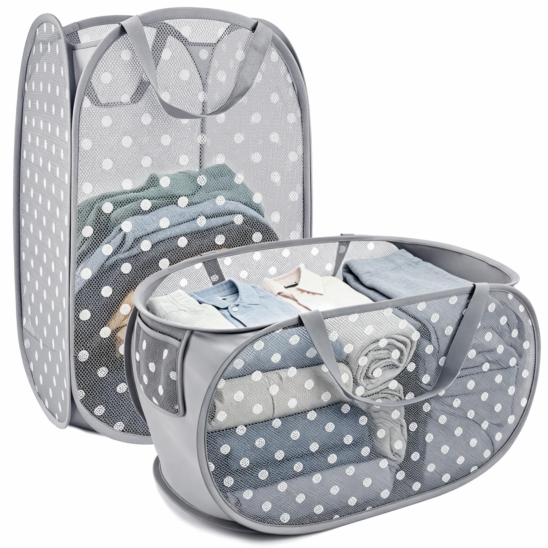 BOSNONA Pop Up Laundry Baskets Set 2 Pack 75L Foldable Laundry Basket Collapsible Laundry Baskets for Bedroom Dorm Travel (Grey Dots(Horizontal & Vertical))