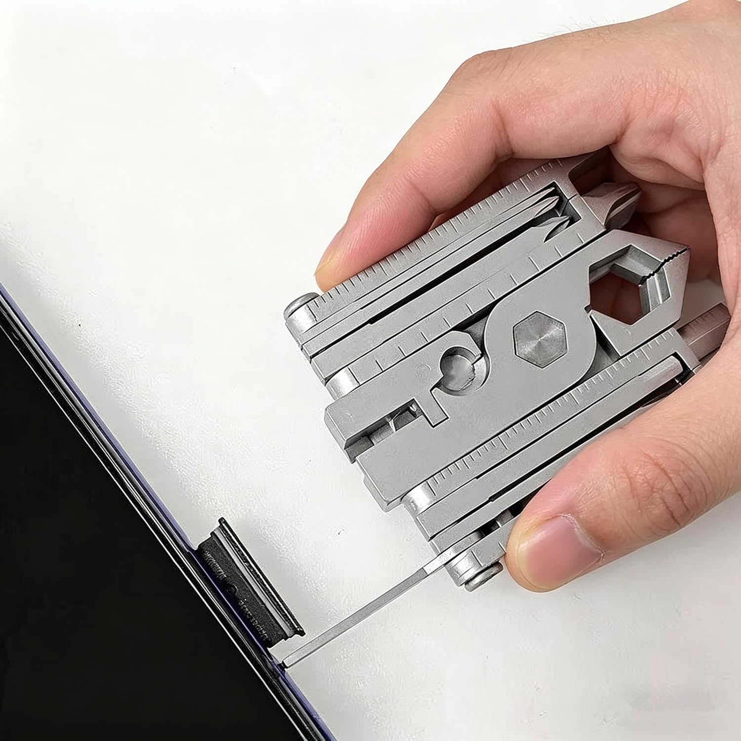 Multitool 19-in-1 Pocket Tool with Phone Stand, Wire Cutter, Bottle Opener, Pliers, Hex Wrench, SIM Card Pin, Wire Stripper, Allen Driver, Box Opener, Cross Head, Ruler